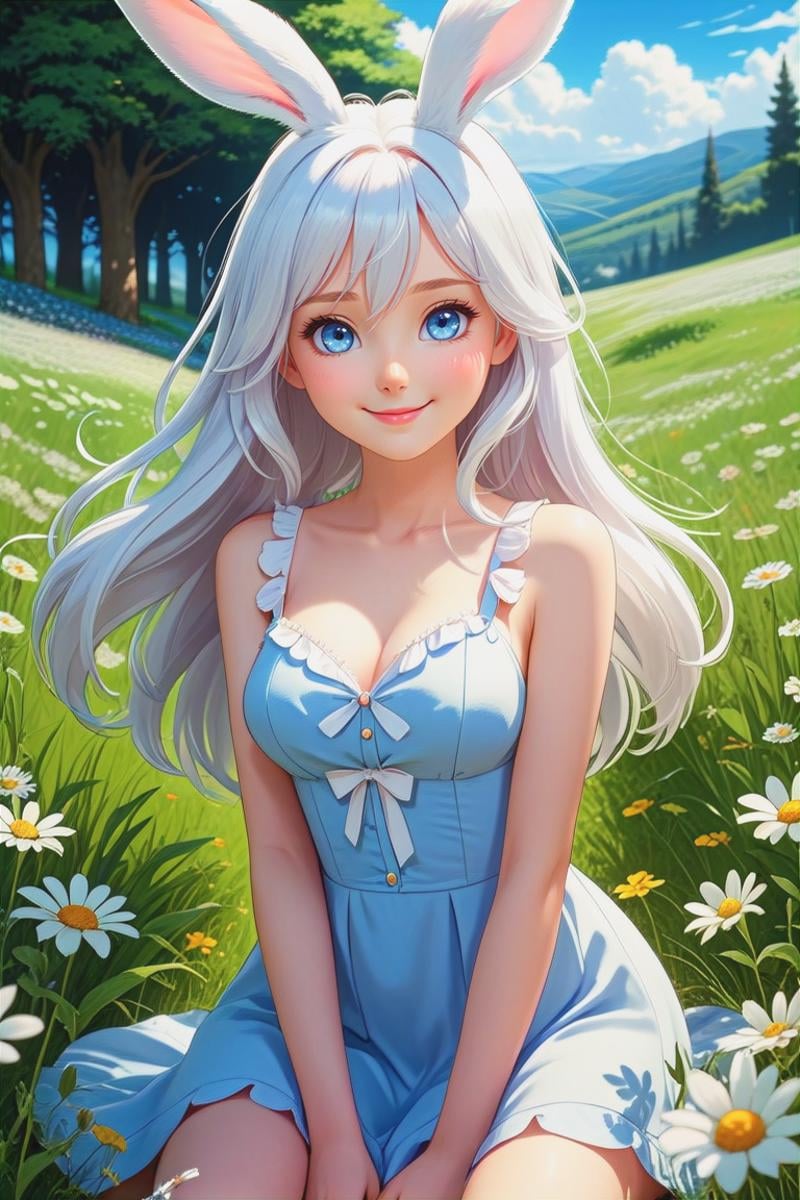 a cute rabbit girl with white rabbit ears in in a flower meadow,  young looking face, animal ears, solo, blue eyes, rabbit ears, flower, long hair, ((small breasts)), smile, looking at viewer, light blue dress, white hair, light cleavage, bare shoulders, sleeveless,(masterpiece, best quality, ultra-detailed, best shadow), detailed background, (beautiful detailed face), high contrast, (best illumination, an extremely delicate and beautiful), ((cinematic light)), hyper detail, dramatic light, intricate details, 8k, anime, very aesthetic,