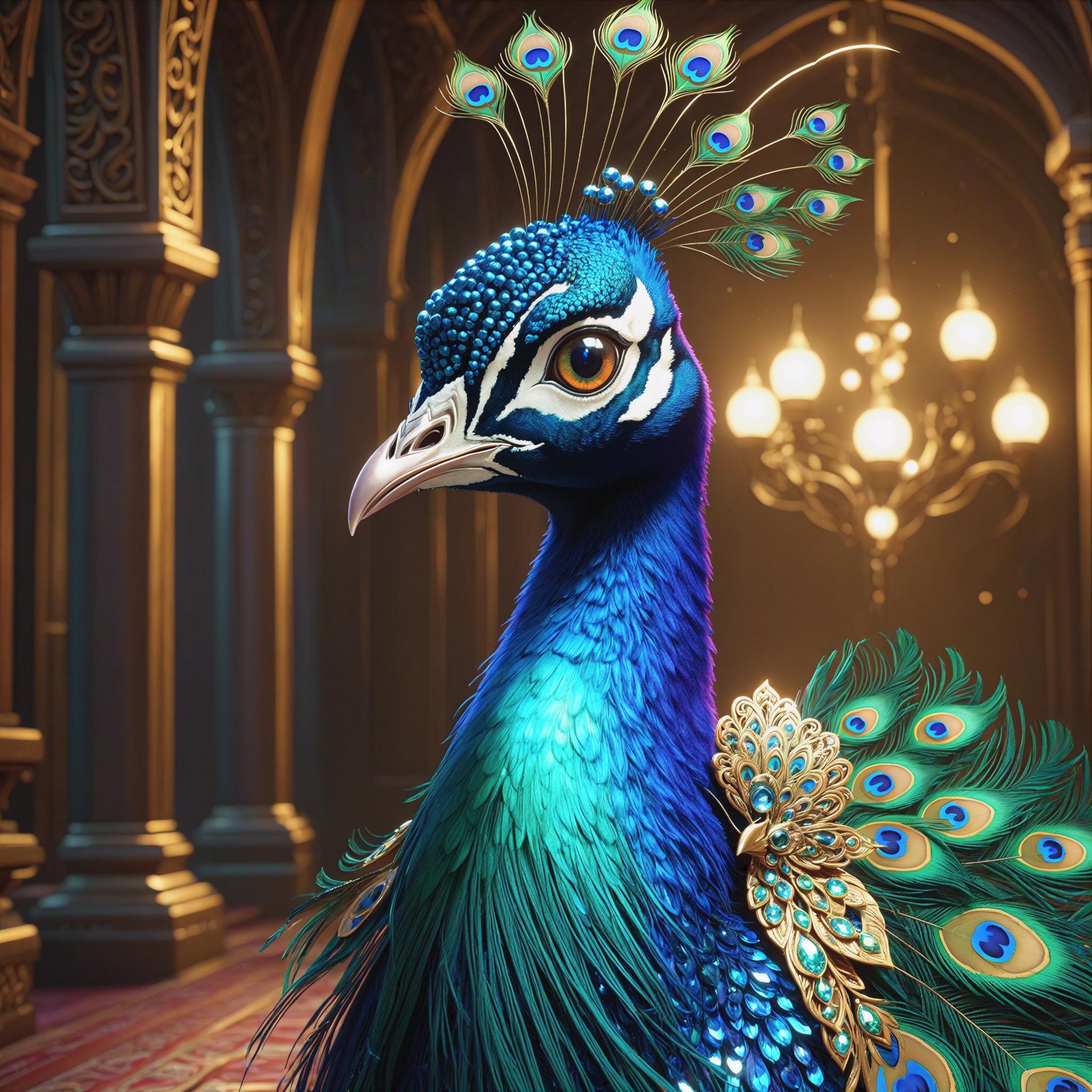 A peacock , small and cute,generate a celestial adorable non-human animal in the style of celestial and fantasy. the animal should be the most beautiful animal ever created. Consider details like fluffy and feathers and silk and satin and shimmer and glimmer. Include subtle details of phantasmal iridescence. emphasize small details of fantasy and ornate jewels. camera: utilize interesting and dynamic composition. enhance visual interest. lighting: use ambient lighting that enhances the ambiance of fantasy. include bold colors and deep shadows. hires, detailed eyes, hires detailed eyes, hires small details, ornate, intricate details, 8k, shimmer, unity, official cgi unreal engine, high resolution, (((masterpiece))), high quality, highres, detail enhancement, (bright and clear eyes),((full body))