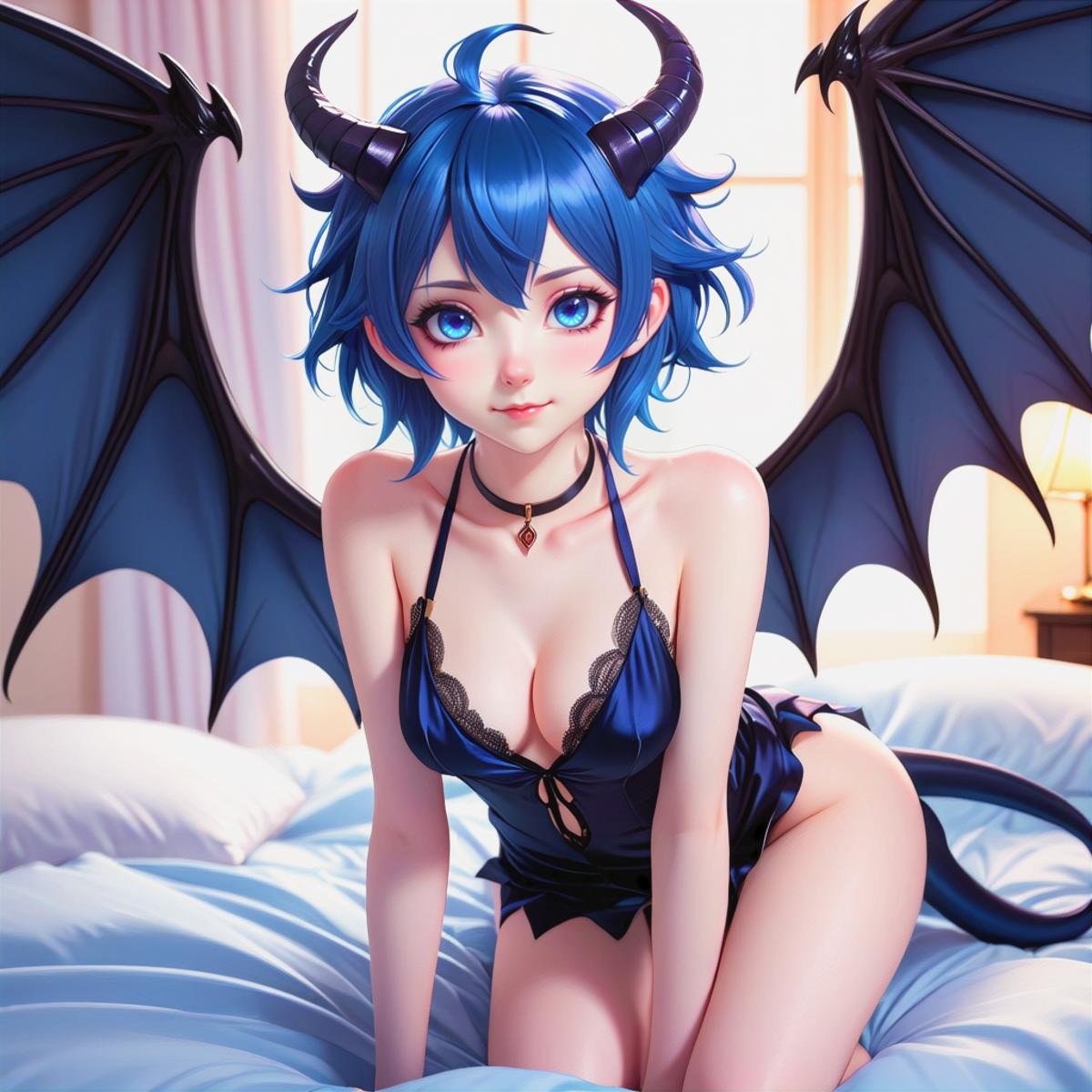 an anime illustration of a extreme cute and beautiful girl, extreme blue hair, pink eyes, 1 cute succubus girl with shiny dark blue hair, solo, cute beautiful gorgeous face, pale skin, shy look, perfect body, wings, ((thin black succubus tail)), short hair, on all fours on a bed, bare shoulders, collar, black demon wings, (2 very thin black horns), looking at viewer, small light round breasts, sexy cleavage, ((blue silk negligee)), barefoot, blush, bare arms, anime style, shy smile, young face, (masterpiece:1.2),  (best quality:1.2), newest, ai-generated, ultra-detailed, best shadow, detailed background, high contrast, (best illumination, an extremely delicate and beautiful), ((cinematic light)), hyper detail, dramatic light, intricate details, 8k, anime, very aesthetic, vibrant color,