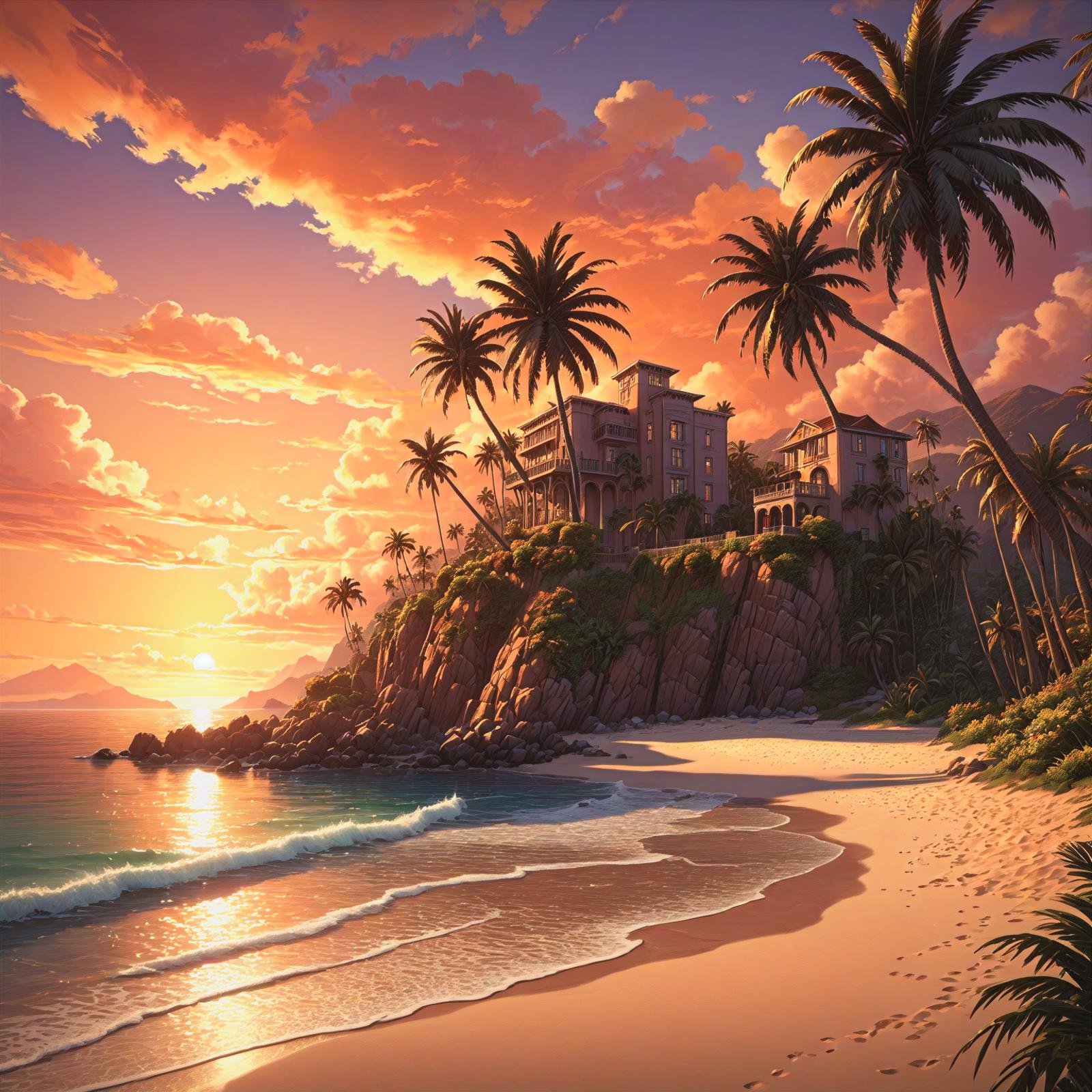 cliffbuilding, (sea bay), beach, palm tree, sunset, orange sky, cloud, (masterpiece),(ultra-detailed), 8k, (highly detailed CG illustration),(expressionless), (best quality:1.1), High quality texture, intricate details, detailed texture, High quality shadow, Cinematic Light, Depth of field, light source contrast, perspective,20s