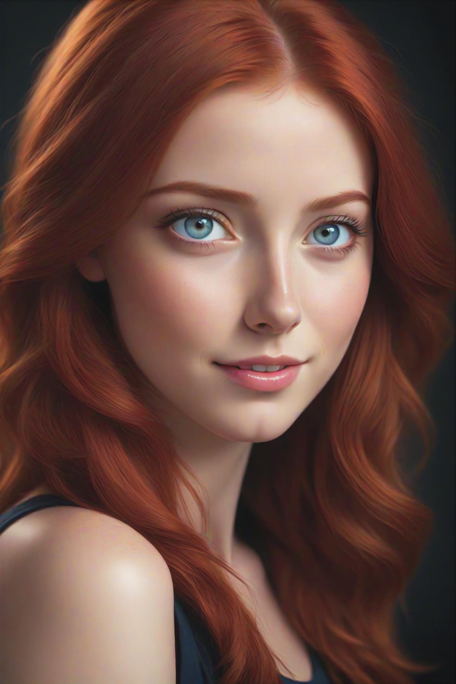 a close up from a gorgeous red haired girl, beautiful detailed radiant red hair, long hair,  beautiful detailed gray-blue eyes,  portrait, shy smile,(masterpiece:1.2), (best quality:1.2), ultra-detailed, best shadow, detailed background, high contrast, (best illumination, an extremely delicate and beautiful), ((cinematic light)), hyper detail, dramatic light, intricate details, 8k,  very aesthetic, ((realistic)),