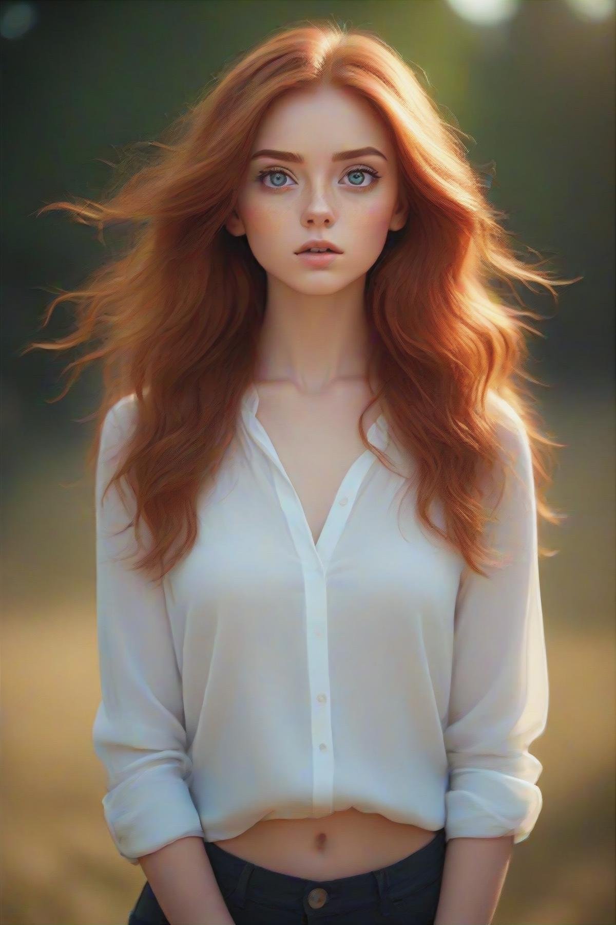 gorgeous young modern fashionable girl with expressive eyes and ginger hair, perfect beautiful eyes, beautiful detailed face, dynamic pose,  sharp focus,  excellent composition, cinematic atmosphere, precise correct anatomy, aesthetichigh detail of the face image, extremely realistic photo, full body, (masterpiece:1.2), (best quality:1.2), ultra-detailed, best shadow, detailed background, high contrast, (best illumination, an extremely delicate and beautiful), ((cinematic light)), hyper detail, dramatic light, intricate details, 8k,  very aesthetic,  