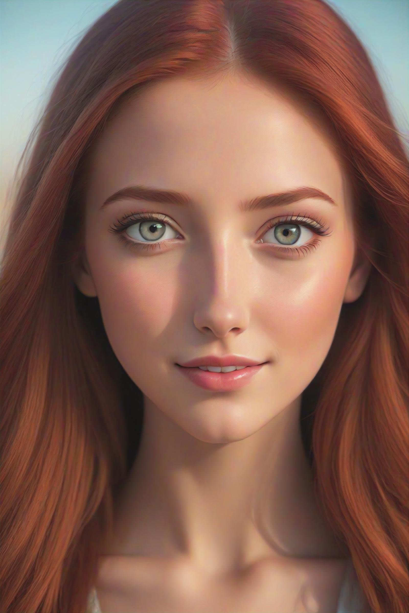 a close up from a gorgeous red haired girl, beautiful detailed radiant red hair, long hair,  beautiful detailed gray eyes,  portrait, shy smile, (extreme realistic photo),(masterpiece:1.2), (best quality:1.2), ultra-detailed, best shadow, detailed background, high contrast, (best illumination, an extremely delicate and beautiful), ((cinematic light)), hyper detail, dramatic light, intricate details, 8k,  very aesthetic, ((realistic)),