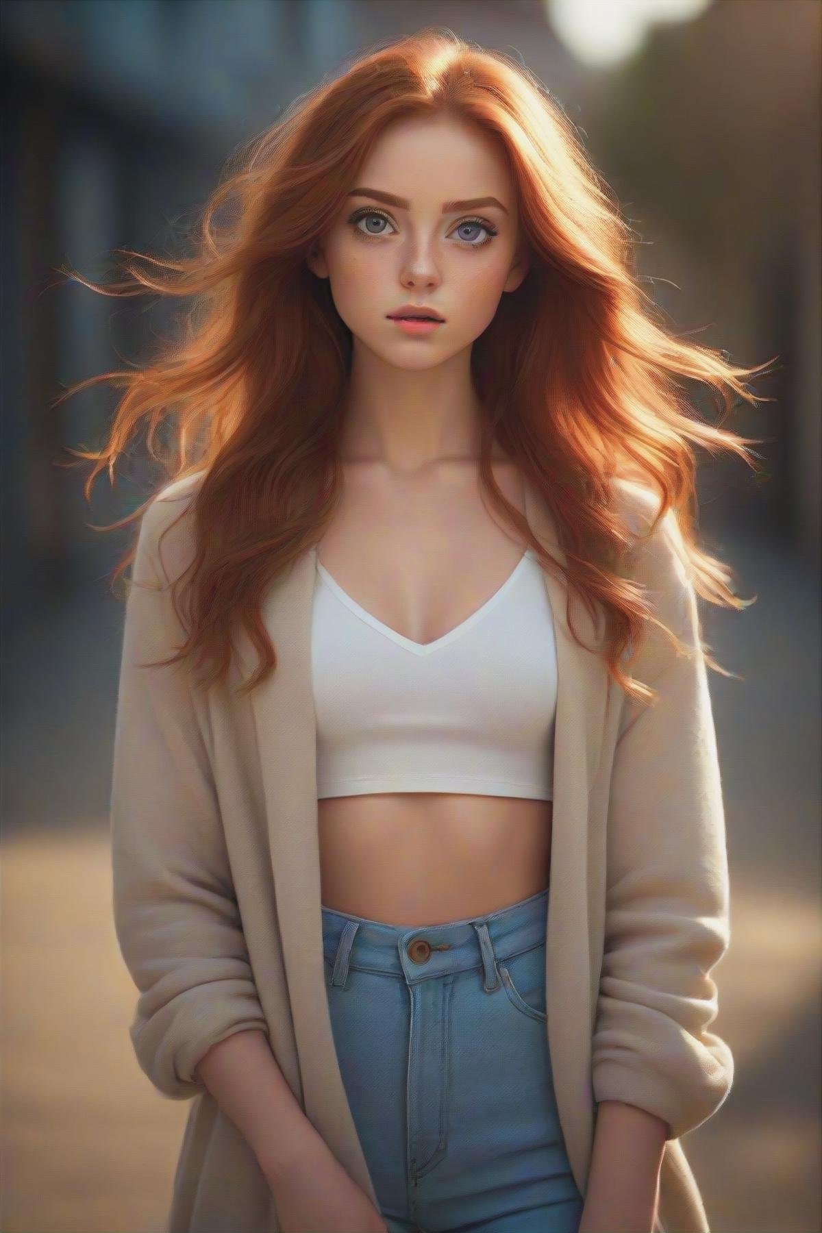 gorgeous young modern fashionable girl with expressive eyes and ginger hair, perfect beautiful eyes, beautiful detailed face, dynamic pose,  sharp focus,  excellent composition, cinematic atmosphere, precise correct anatomy, aesthetichigh detail of the face image, full body, extremely realistic photo,(masterpiece:1.2), (best quality:1.2), newest, ai-generated, ultra-detailed, best shadow, detailed background, high contrast, (best illumination, an extremely delicate and beautiful), ((cinematic light)), hyper detail, dramatic light, intricate details, 8k,  very aesthetic,  