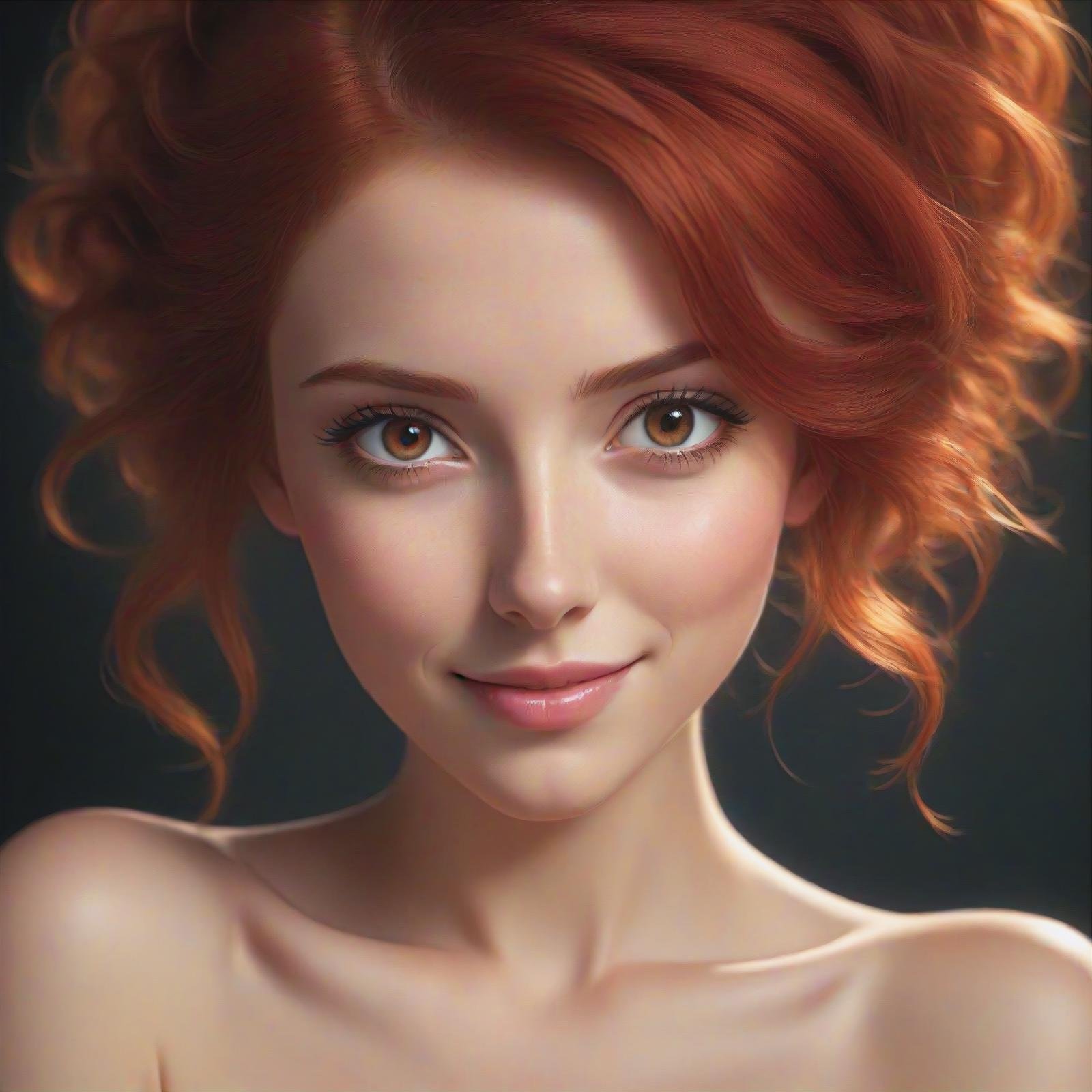 a close up from a gorgeous red haired girl, beautiful detailed radiant red hair, beautiful detailed brown eyes,  portrait, shy smile,(masterpiece:1.2), (best quality:1.2), ultra-detailed, best shadow, detailed background, high contrast, (best illumination, an extremely delicate and beautiful), ((cinematic light)), hyper detail, dramatic light, intricate details, 8k,  very aesthetic, ((realistic)),