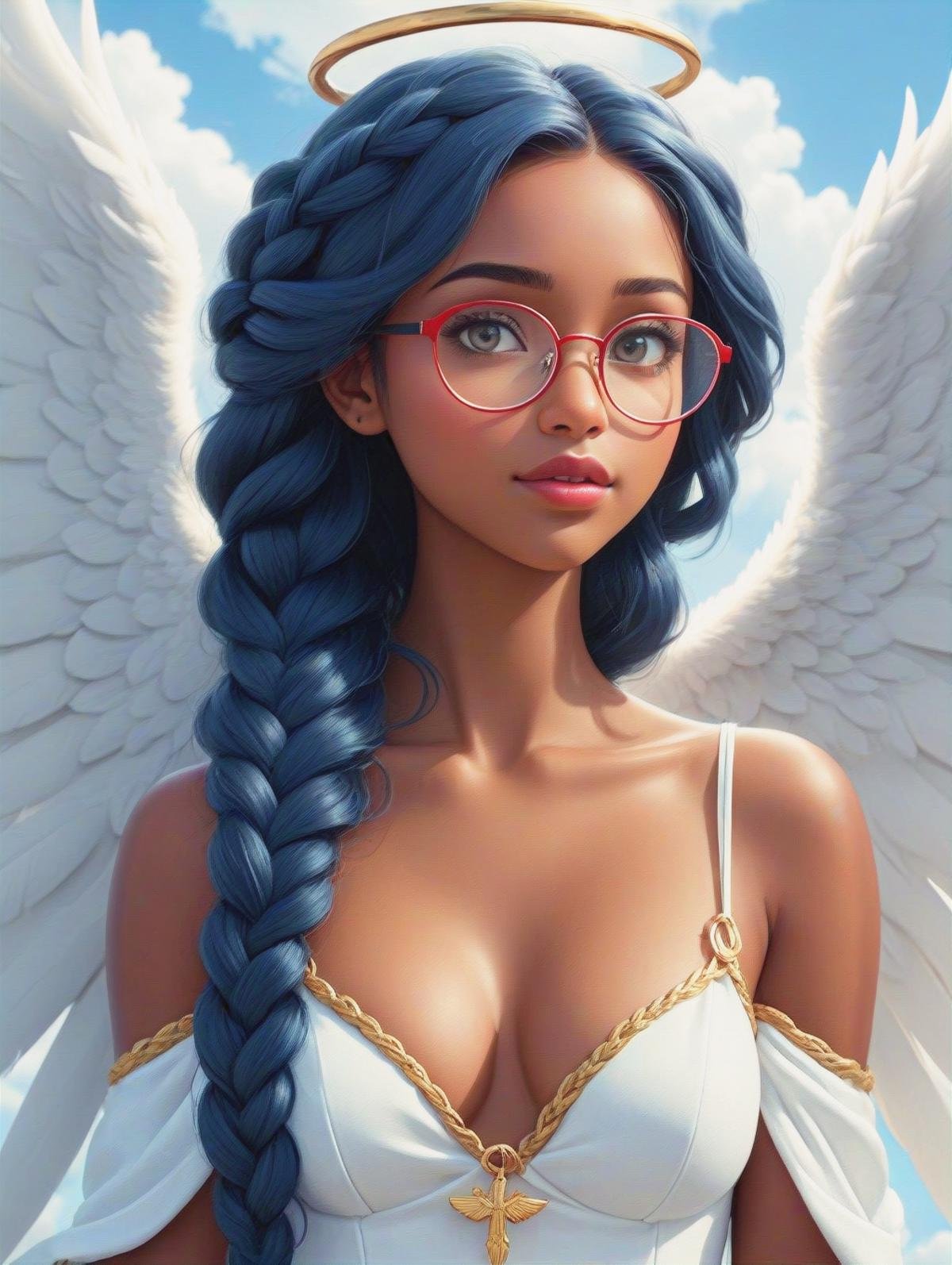 1 dark-skinned women, 24yo, ((angel)), medium breasts, decent makeup, perfect face, perfect eyes, decent eyes shadow, blue green eyes, perfect body, ((long dark blue hair)), (((extreme dark blue hair))):1.5, (((1 thick dark blue braid lies over her shoulder))), shiny hair, (((dark brown skin))), (((small narrow red framed glasses))), (((perfect red glasses frames))), ((extreme delicate detailed beautiful white angel dress with deep V neckline)), (((white angel dress))), large white angel wings, spread wings, ((shiny golden halo, gloriole)), (necklace with a large golden cross), sexy view, sensual smile, (((sits on a thick white cloud))):1.5, (((background light blue sky with small white clouds))), beautiful detailed background, (((full body view))), ((white highheels)), long shot,(masterpiece:1.2), (best quality:1.2), newest, ai-generated, ultra-detailed, best shadow, detailed background, high contrast, (best illumination, an extremely delicate and beautiful), ((cinematic light)), hyper detail, dramatic light, intricate details, 8k, anime, very aesthetic,