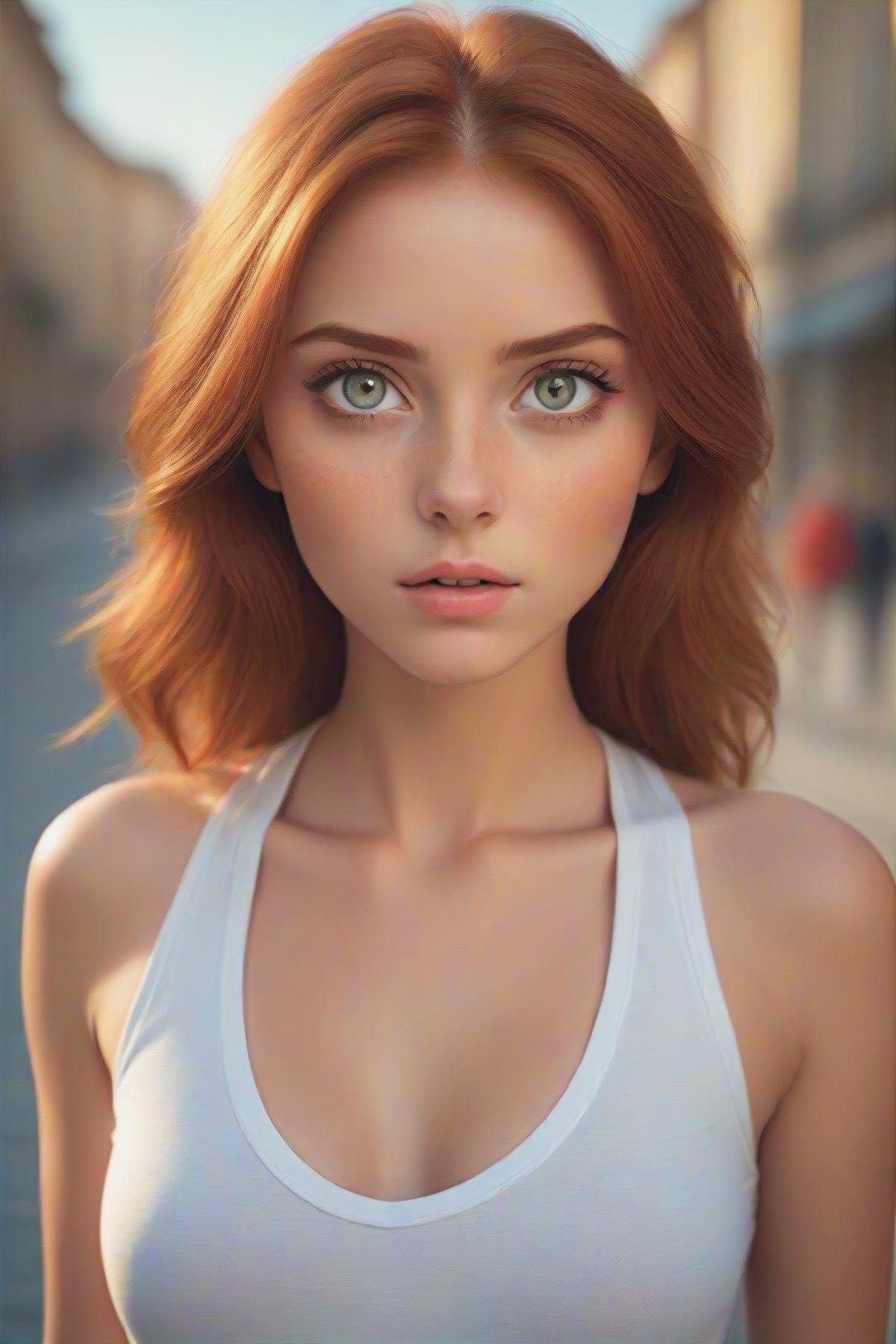 gorgeous young modern fashionable girl with expressive eyes and ginger hair, perfect beautiful eyes, beautiful detailed face, dynamic pose,  sharp focus,  excellent composition, cinematic atmosphere, precise correct anatomy, aesthetichigh detail of the face image, extremely realistic photo, upper body, (masterpiece:1.2), (best quality:1.2), ultra-detailed, best shadow, detailed background, high contrast, (best illumination, an extremely delicate and beautiful), ((cinematic light)), hyper detail, dramatic light, intricate details, 8k,  very aesthetic,  