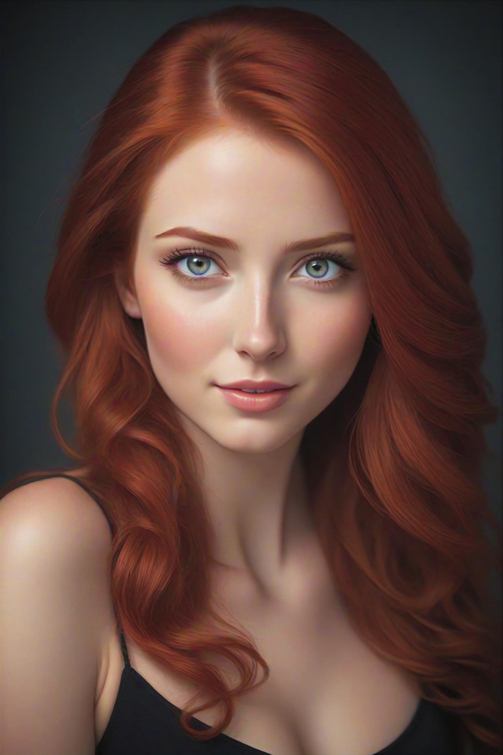 a close up from a gorgeous red haired girl, beautiful detailed radiant red hair, long hair,  beautiful detailed gray eyes,  portrait, shy smile, (extreme realistic photo),(masterpiece:1.2), (best quality:1.2), ultra-detailed, best shadow, detailed background, high contrast, (best illumination, an extremely delicate and beautiful), ((cinematic light)), hyper detail, dramatic light, intricate details, 8k,  very aesthetic, ((realistic)),