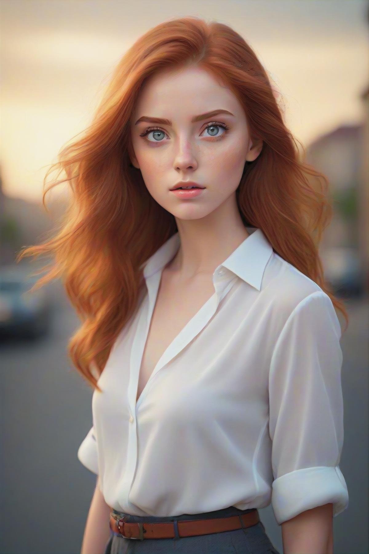 gorgeous young modern fashionable girl with expressive eyes and ginger hair, perfect beautiful eyes, beautiful detailed face, dynamic pose,  sharp focus,  excellent composition, cinematic atmosphere, precise correct anatomy, aesthetichigh detail of the face image, extremely realistic photo, upper body, (masterpiece:1.2), (best quality:1.2), ultra-detailed, best shadow, detailed background, high contrast, (best illumination, an extremely delicate and beautiful), ((cinematic light)), hyper detail, dramatic light, intricate details, 8k,  very aesthetic,  