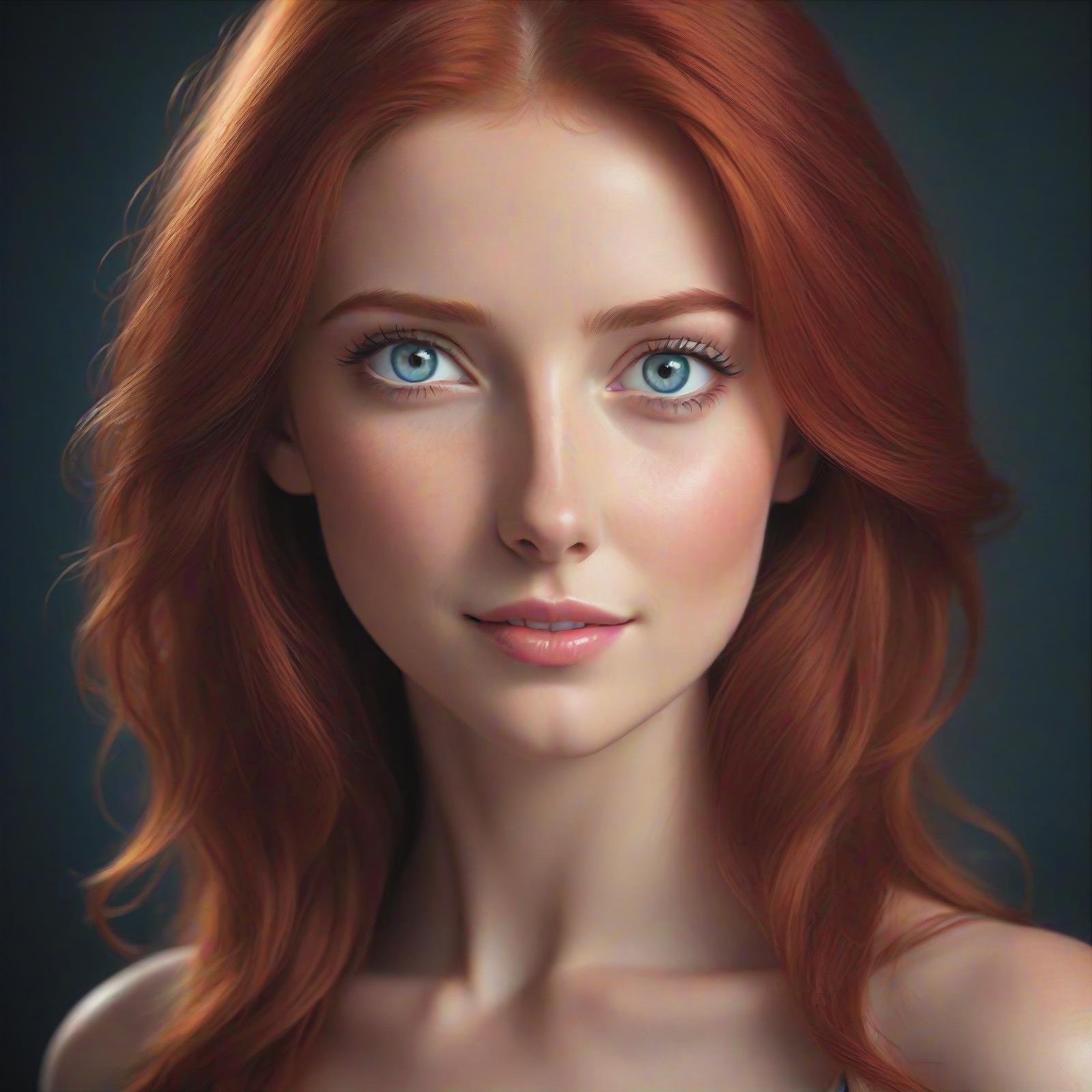 a close up from a gorgeous red haired girl, beautiful detailed radiant red hair, long hair, beautiful detailed gray-blue eyes,  portrait, shy smile,(masterpiece:1.2), (best quality:1.2), ultra-detailed, best shadow, detailed background, high contrast, (best illumination, an extremely delicate and beautiful), ((cinematic light)), hyper detail, dramatic light, intricate details, 8k,  very aesthetic, ((realistic)),