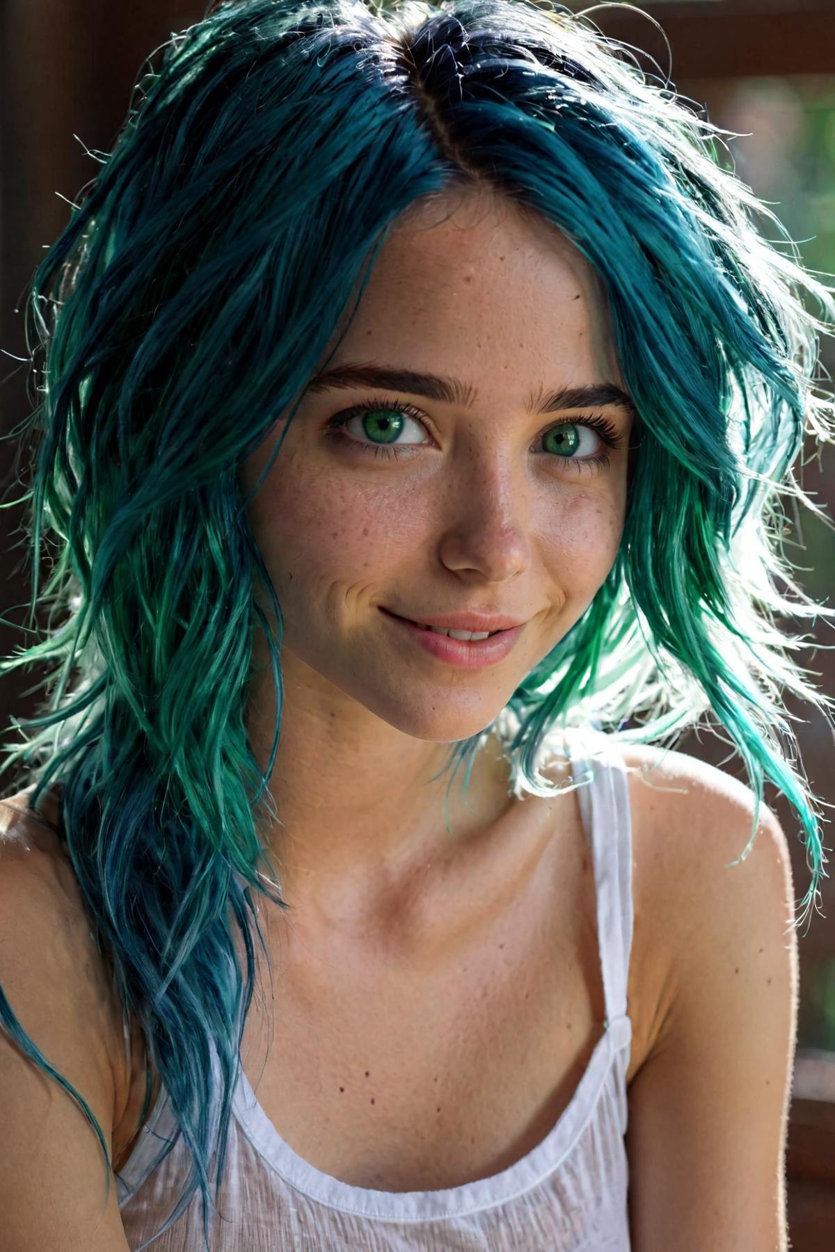 a beautiful blue haired girl, long messy hair, beautiful detailed deep green eyes,  shy smile, small breasts, white tank top, upper body view, ultra realistic,(masterpiece:1.2), (best quality:1.2), ultra-detailed, best shadow, detailed background, high contrast, (best illumination, an extremely delicate and beautiful), ((cinematic light)), hyper detail, dramatic light, intricate details, 8k,  very aesthetic,