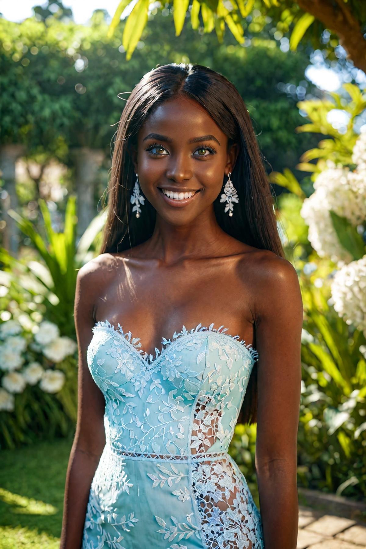 1 beautiful dark skinned girl, (dark skin):1.3, ebony, beautiful detailed dark green eyes, beautiful detailed face, long straight hair, smile, teeth, earrings, bokeh, innocent, slim body, small breasts, bare shoulders, light blue lace dress, strapless, upper body, portrait photo, face focus, in a african garden, blurred background,(masterpiece:1.2), (best quality:1.2), newest, ai-generated, ultra-detailed, best shadow, detailed background, high contrast, (best illumination, an extremely delicate and beautiful), ((cinematic light)), hyper detail, dramatic light, intricate details, 8k, anime, very aesthetic,