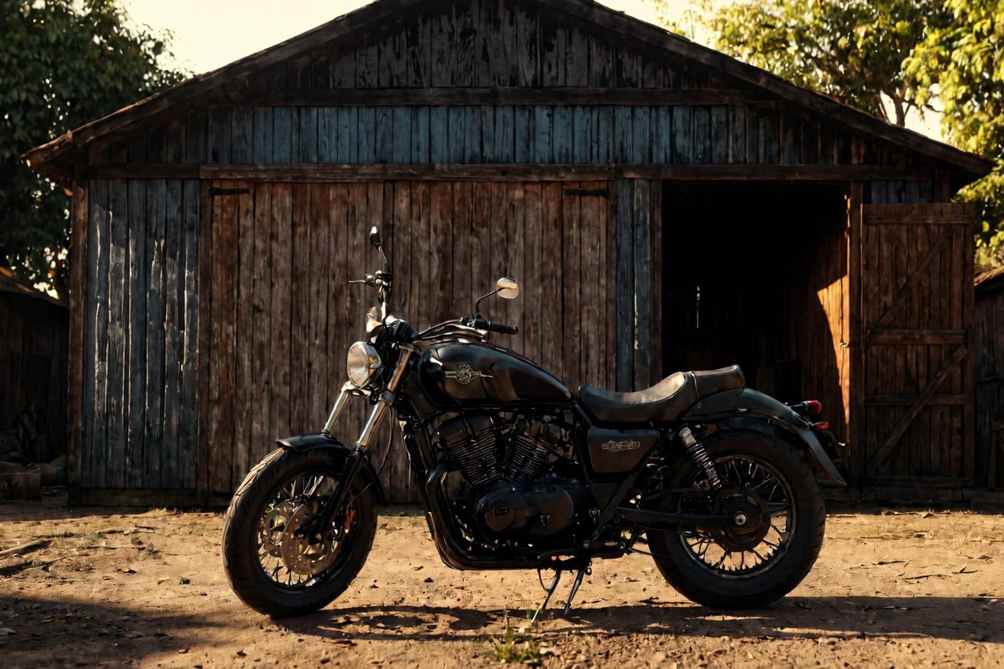 A motorcycle in front of an old shed,(masterpiece:1.2), (best quality:1.2), ultra-detailed, best shadow, detailed background, high contrast, (best illumination, an extremely delicate and beautiful), ((cinematic light)), intricate details, 8k, very aesthetic, photorealistic,