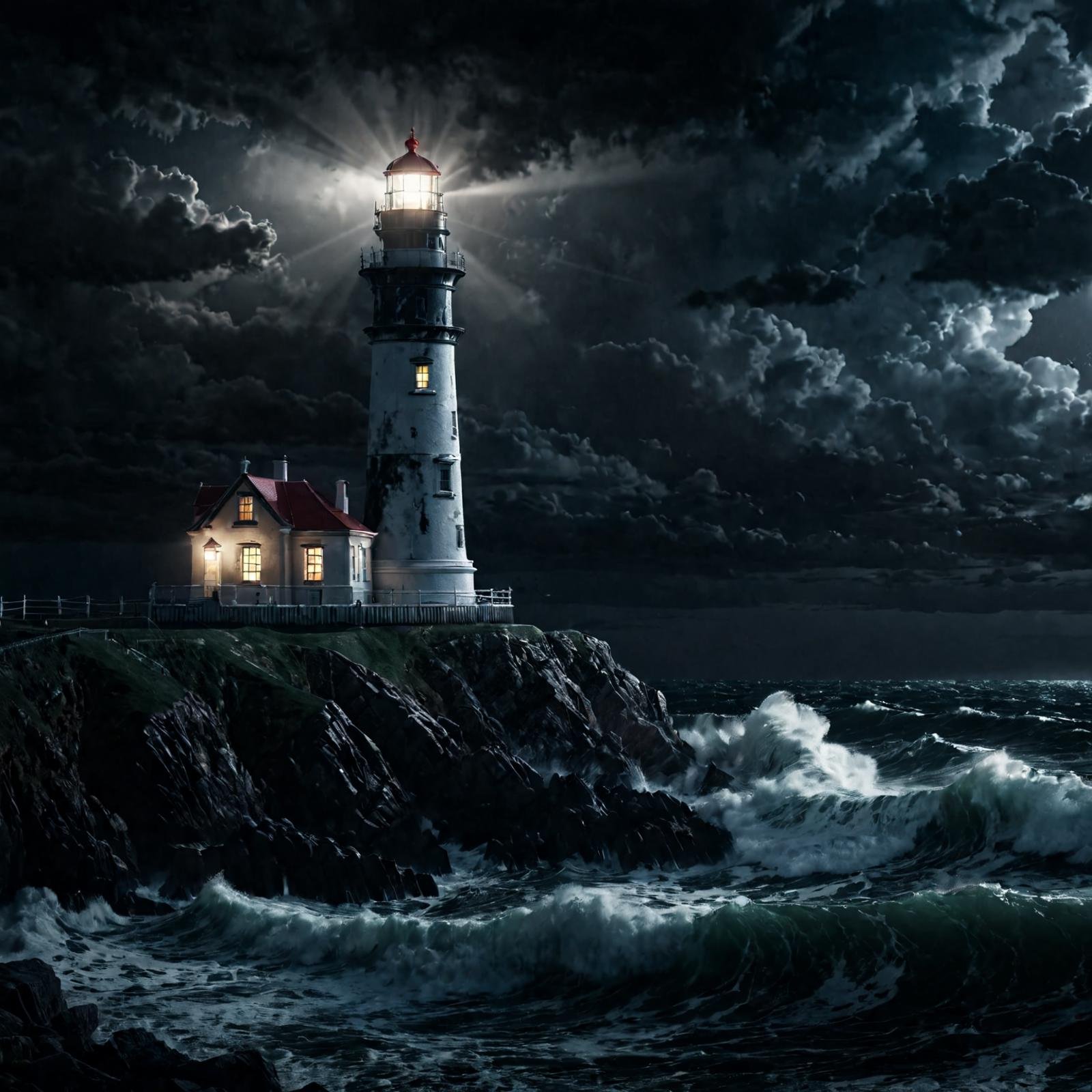 A lighthouse on the coast on a stormy night,(masterpiece:1.2), (best quality:1.2), ultra-detailed, best shadow, detailed background, high contrast, (best illumination, an extremely delicate and beautiful), ((cinematic light)), intricate details, 8k, very aesthetic, photorealistic,