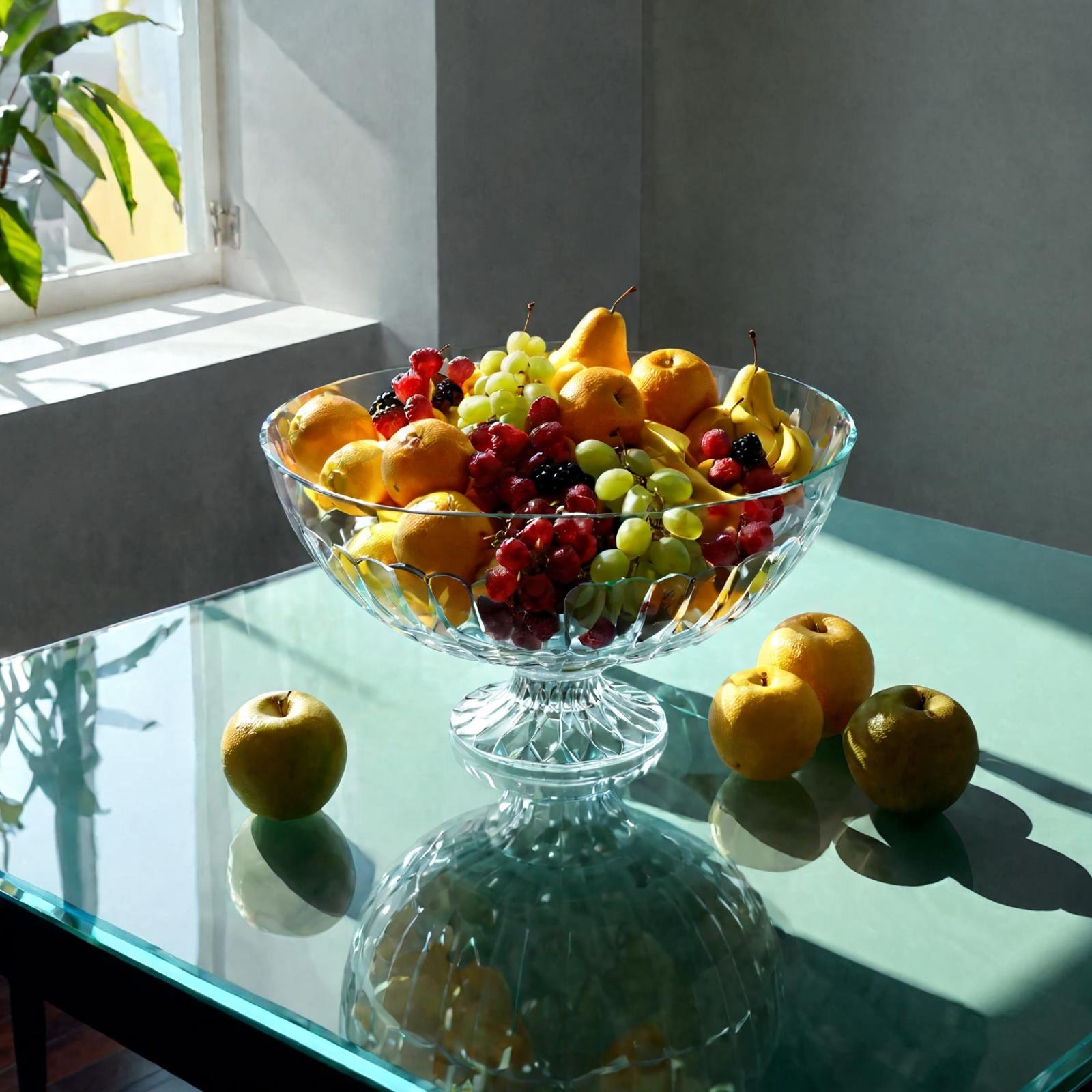 A bowl of fruit on a glass table(masterpiece:1.2), (best quality:1.2), ultra-detailed, best shadow, detailed background, high contrast, (best illumination, an extremely delicate and beautiful), ((cinematic light)), intricate details, 8k, very aesthetic, photorealistic,