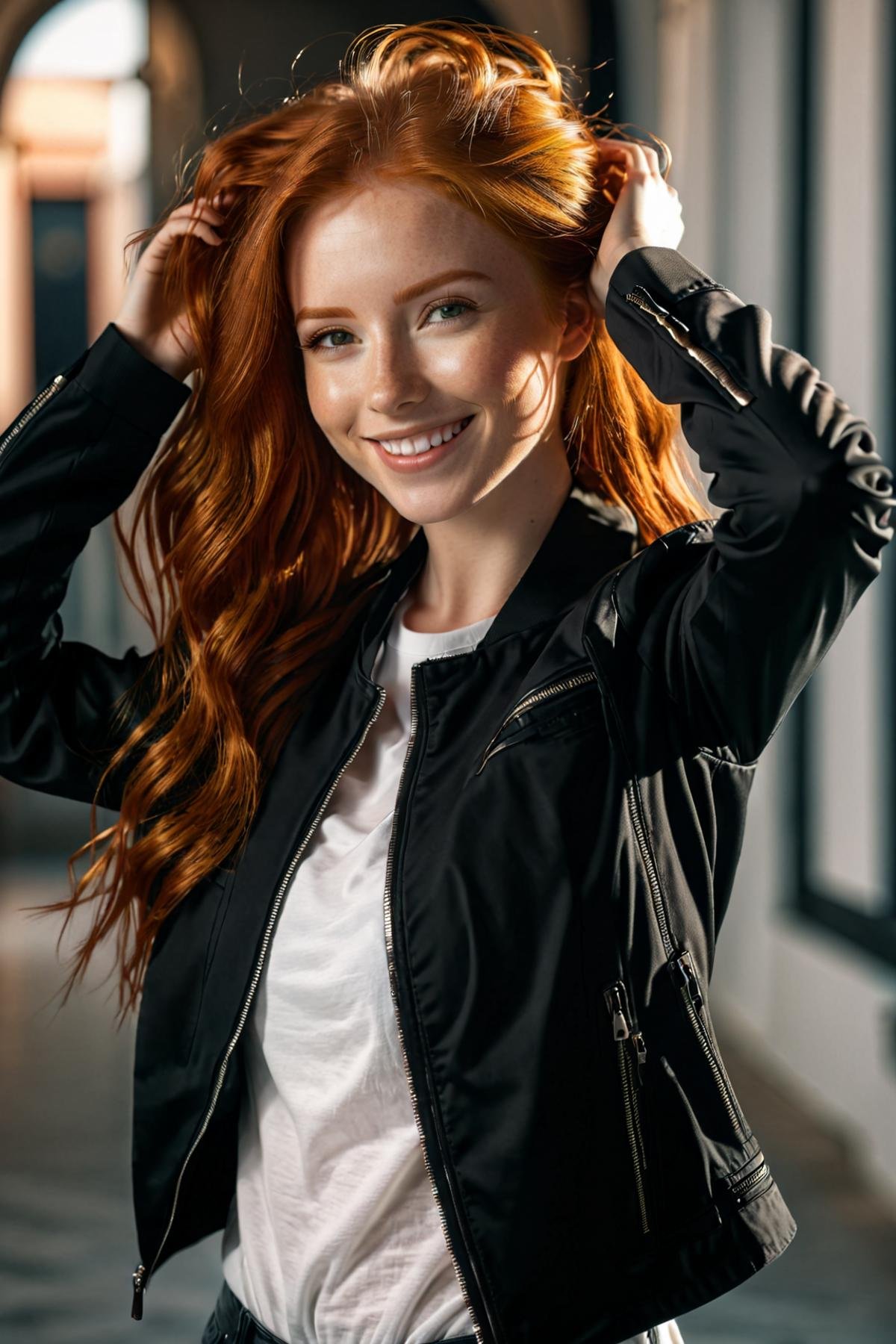 A beautiful red haired girl smiles, open black jacket, white t-shirt, adjust her hair, (masterpiece:1.2), (best quality:1.2), best shadow, detailed background, high contrast, (best illumination, an extremely delicate and beautiful), ((cinematic light)), intricate details, 8k, very aesthetic, photorealistic,