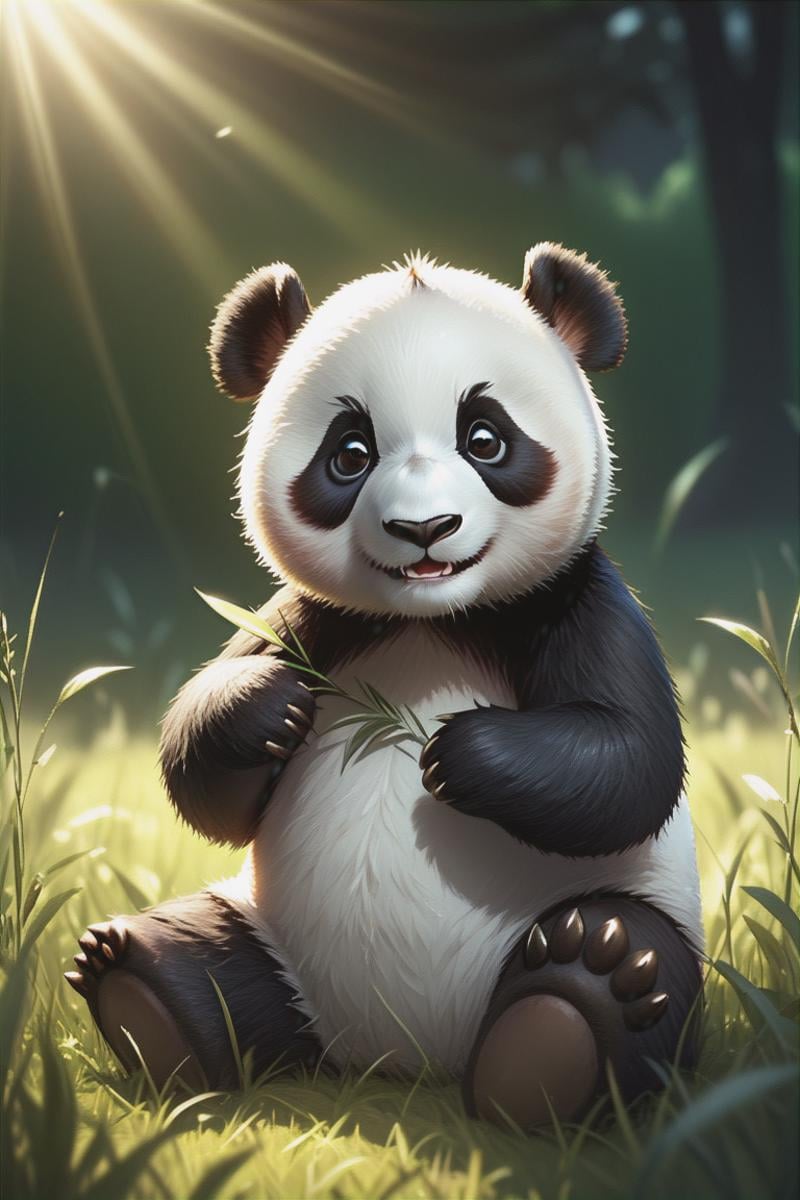 a cute little panda on a summer meadow, (masterpiece:1.2), (best quality:1.2), ultra-detailed, best shadow, detailed background, high contrast, (best illumination, an extremely delicate and beautiful), ((cinematic light)), hyper detail, dramatic light, intricate details, 8k, very aesthetic, ((realistic)),