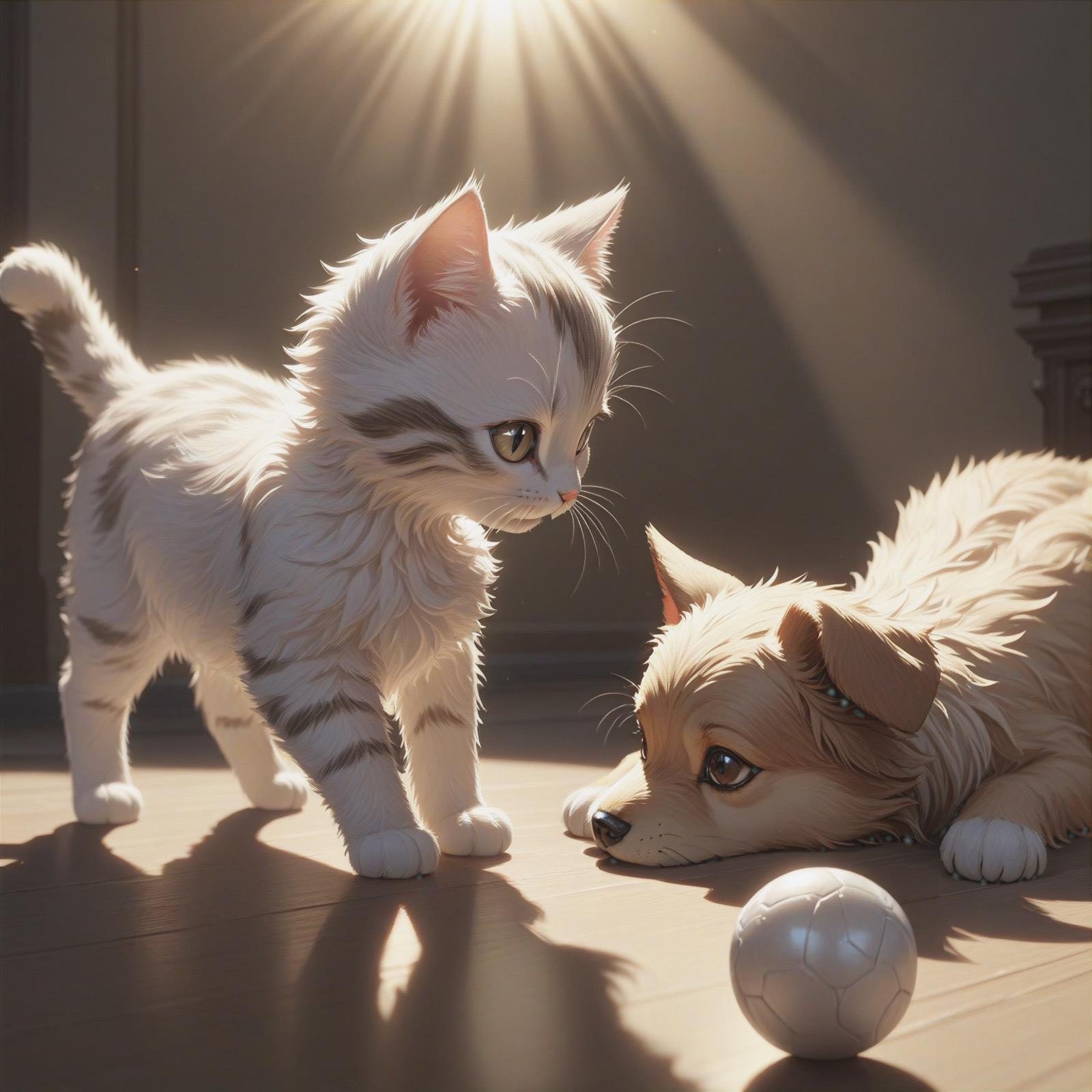 (a cute cat) and (a cut dog) plays together, with a small ball,(masterpiece:1.2), (best quality:1.2), ultra-detailed, best shadow, detailed background, high contrast, (best illumination, an extremely delicate and beautiful), ((cinematic light)), hyper detail, dramatic light, intricate details, 8k, anime,  very aesthetic, ((realistic)),