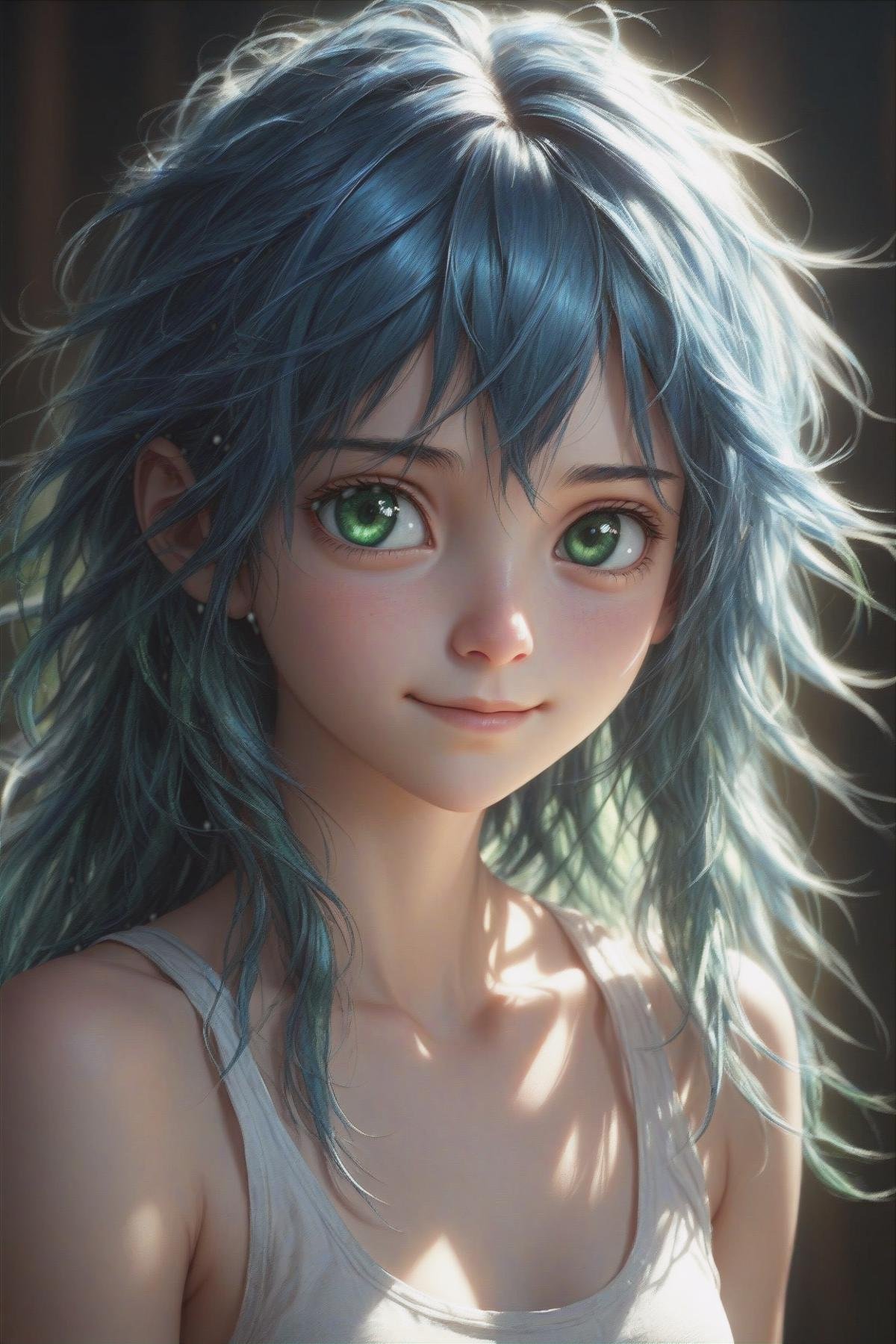 a beautiful blue haired girl, long messy hair, beautiful detailed deep green eyes,  shy smile, small breasts, white tank top, upper body view, ultra realistic, colorful,(masterpiece:1.2), (best quality:1.2), ultra-detailed, best shadow, detailed background, high contrast, (best illumination, an extremely delicate and beautiful), ((cinematic light)), hyper detail, dramatic light, intricate details, 8k,  very aesthetic, ((realistic)),