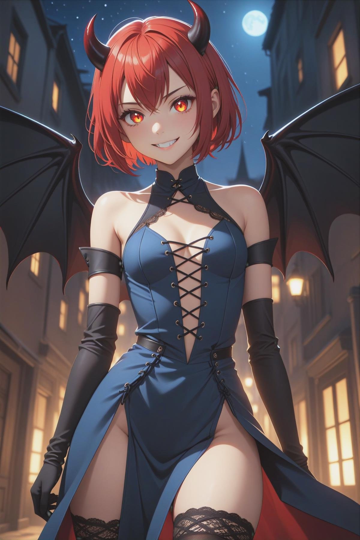 1 girl, 18yo, (((small black devil horns))), ((large angel wings)):1.5, (((black wings))):1.8, decent makeup, perfect face, young looking face, perfect eyes, decent eyes shadow, perfect body, slim body, small breasts, cleavage, underboob, glowing eyes, (yellow eyes), (short hair), (extreme red hair:1.5), shiny hair, ((dark blue dress)), ((blue dress)), (((center opening dress, laced slit, cross-laced clothes))), background night sky with stars, cowboy shot, demonic grin, (masterpiece:1.2), (best quality:1.2), newest, ai-generated, ultra-detailed, best shadow, detailed background, high contrast, (best illumination, an extremely delicate and beautiful), ((cinematic light)), hyper detail, dramatic light, intricate details, 8k, anime, very aesthetic, thighhighs, elbow gloves, breasts apart, navel, detached sleeves, center opening,