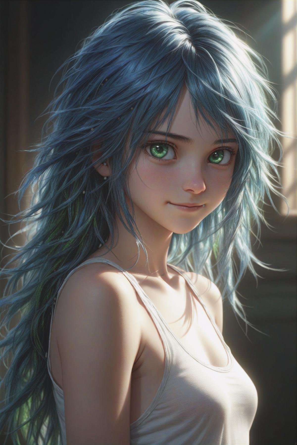 a beautiful blue haired girl, long messy hair, beautiful detailed deep green eyes,  shy smile, small breasts, white tank top, upper body view, ultra realistic, colorful,(masterpiece:1.2), (best quality:1.2), ultra-detailed, best shadow, detailed background, high contrast, (best illumination, an extremely delicate and beautiful), ((cinematic light)), hyper detail, dramatic light, intricate details, 8k,  very aesthetic, ((realistic)),