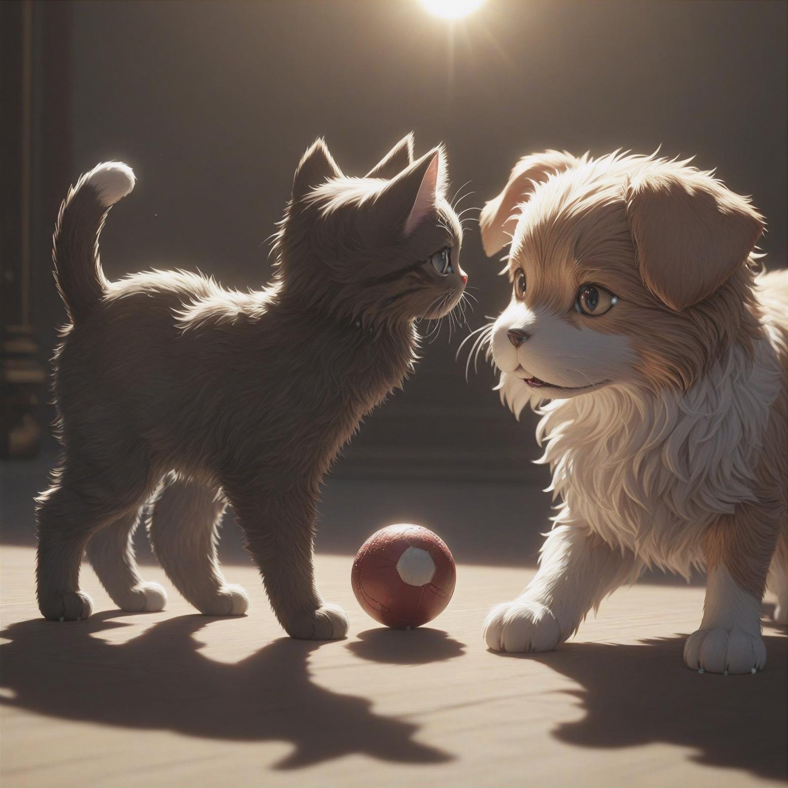 (a cute cat) and (a cut dog) plays together, with a small ball,(masterpiece:1.2), (best quality:1.2), ultra-detailed, best shadow, detailed background, high contrast, (best illumination, an extremely delicate and beautiful), ((cinematic light)), hyper detail, dramatic light, intricate details, 8k, anime,  very aesthetic, ((realistic)),