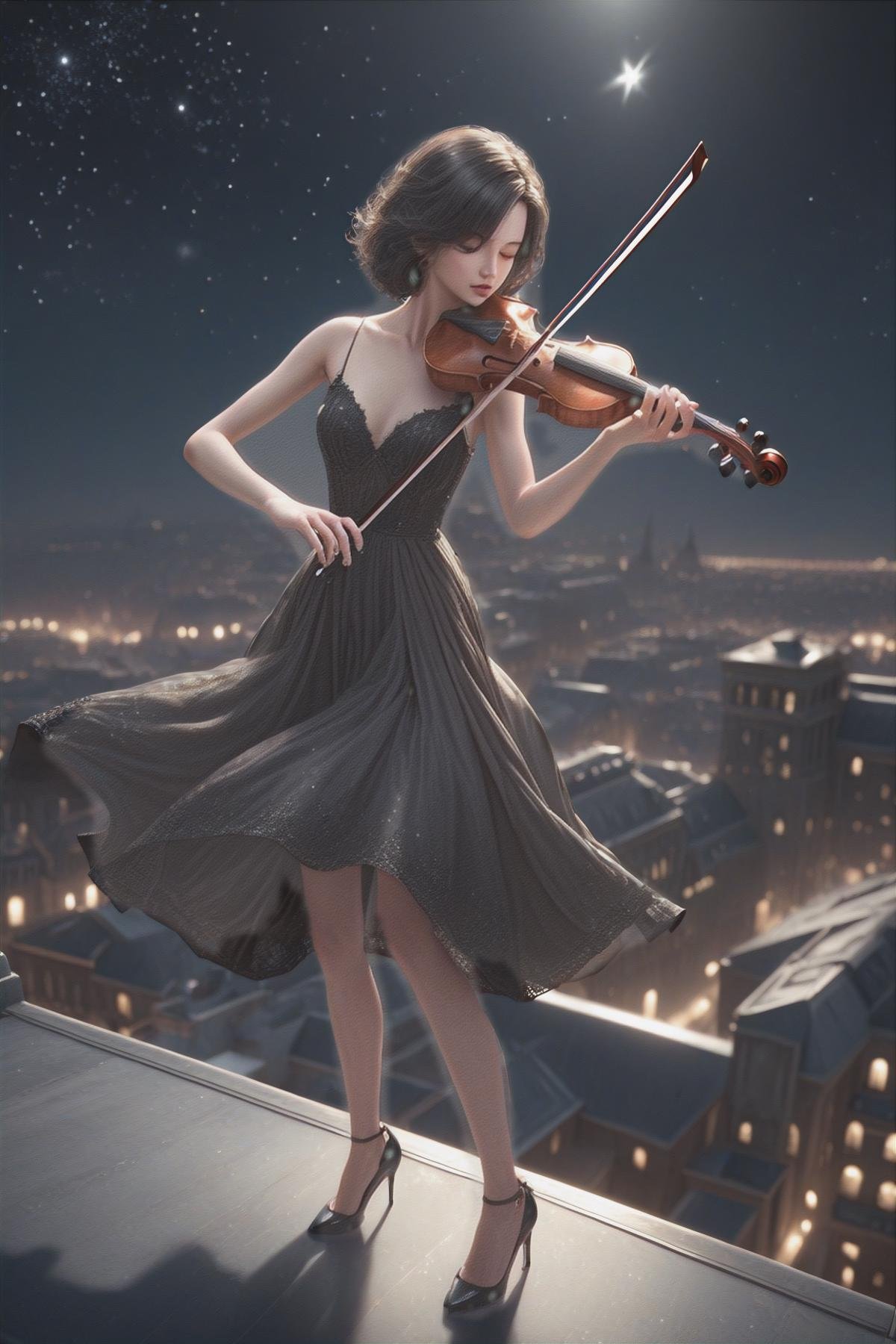 wide photo angle, 1 girl, standing on the roof of a building, solo, Vintage hairstyle, black hair, dress, sleeveless, black dress, high heels, sleeveless dress, instrument, ((playing violin1.3)), real hands, night, stars, wind blows, (masterpiece:1.2), (best quality:1.2), ultra-detailed, best shadow, detailed background, high contrast, (best illumination, an extremely delicate and beautiful), ((cinematic light)), hyper detail, dramatic light, intricate details, 8k, very aesthetic, ((realistic)),