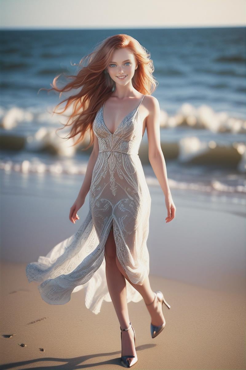 beautiful young woman model, long red-blond hair,  blue eyes, attractive woman,  hyper Gorgeous, with ultra detailed kind face, sexy, full body, shapely body,  summer dress, walking on a beach, gorgeous smile, high heels, ((relaxed))), cinematic photo,35mm photograph, film, bokeh, professional,  (masterpiece:1.2), (best quality:1.2), ultra-detailed, best shadow, detailed background, high contrast, (best illumination, an extremely delicate and beautiful), ((cinematic light)), hyper detail, dramatic light, intricate details, 8k, very aesthetic, ((realistic)),