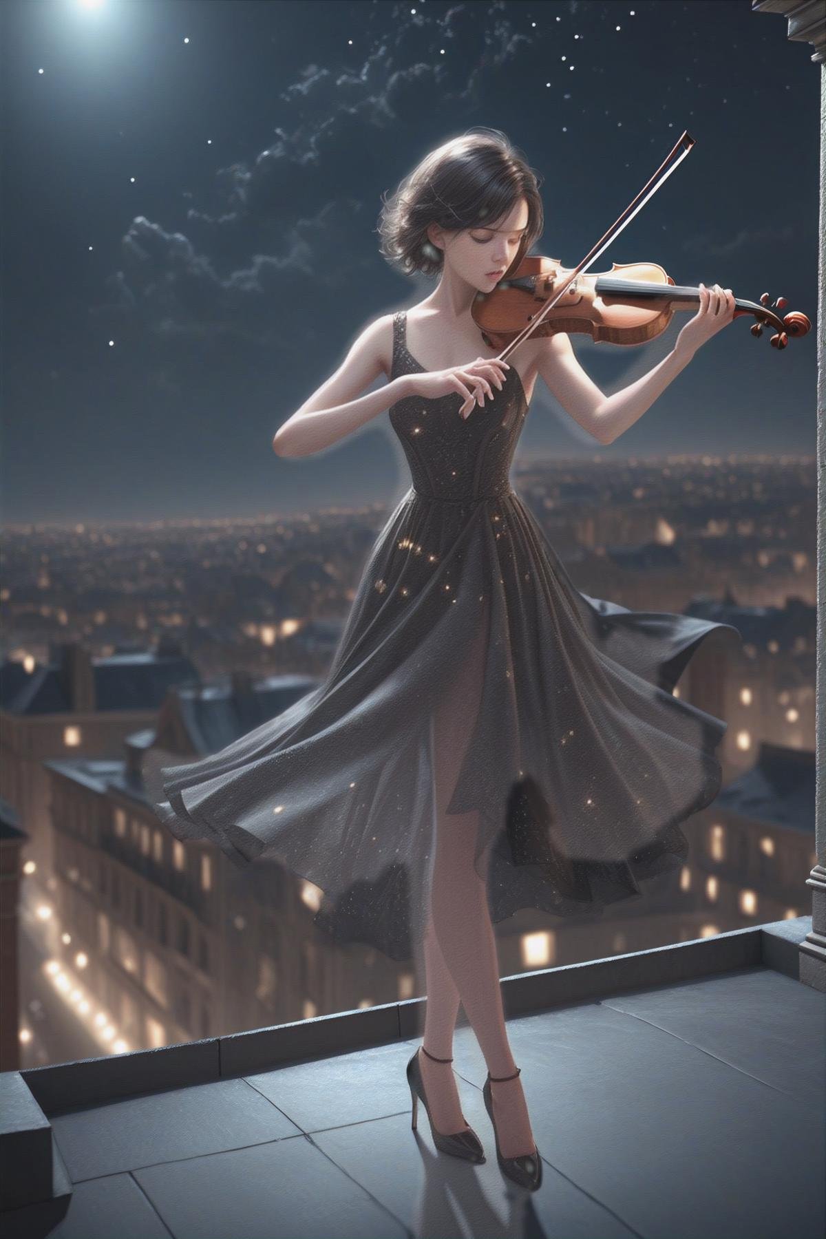 wide photo angle, 1 girl, standing on the roof of a building, solo, Vintage hairstyle, black hair, dress, sleeveless, black dress, high heels, sleeveless dress, instrument, ((playing violin1.3)), real hands, night, stars, wind blows, (masterpiece:1.2), (best quality:1.2), ultra-detailed, best shadow, detailed background, high contrast, (best illumination, an extremely delicate and beautiful), ((cinematic light)), hyper detail, dramatic light, intricate details, 8k, very aesthetic, ((realistic)),