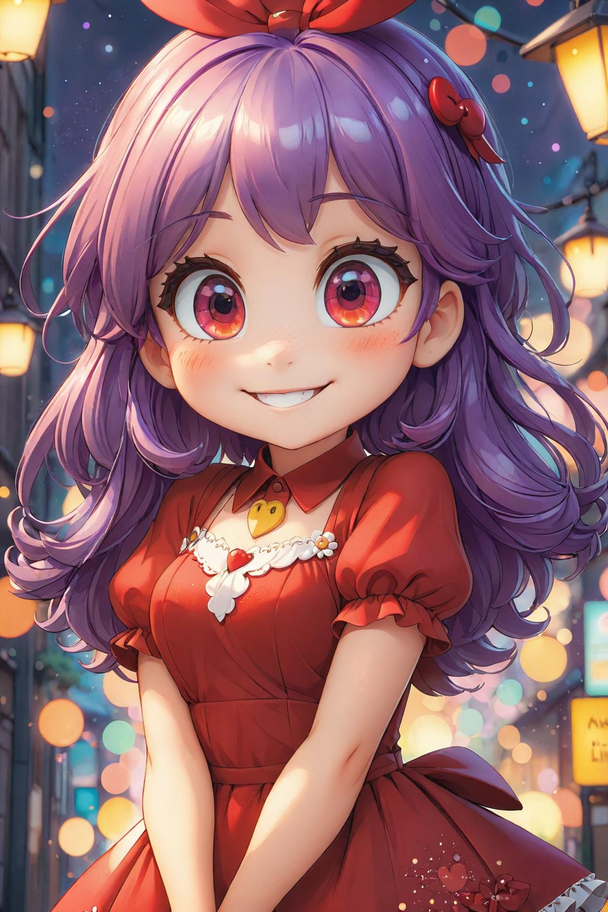 1 cute girl, purple hair, red eyes, (blush:1.1), upper body, (medium small breasts), bright red dress, happy smile, bokeh, (freckles:0.8), portrait,(masterpiece:1.2), (best quality:1.2), newest, ai-generated, ultra-detailed, best shadow, detailed background, high contrast, (best illumination, an extremely delicate and beautiful), ((cinematic light)), hyper detail, dramatic light, intricate details, 8k, anime, very aesthetic