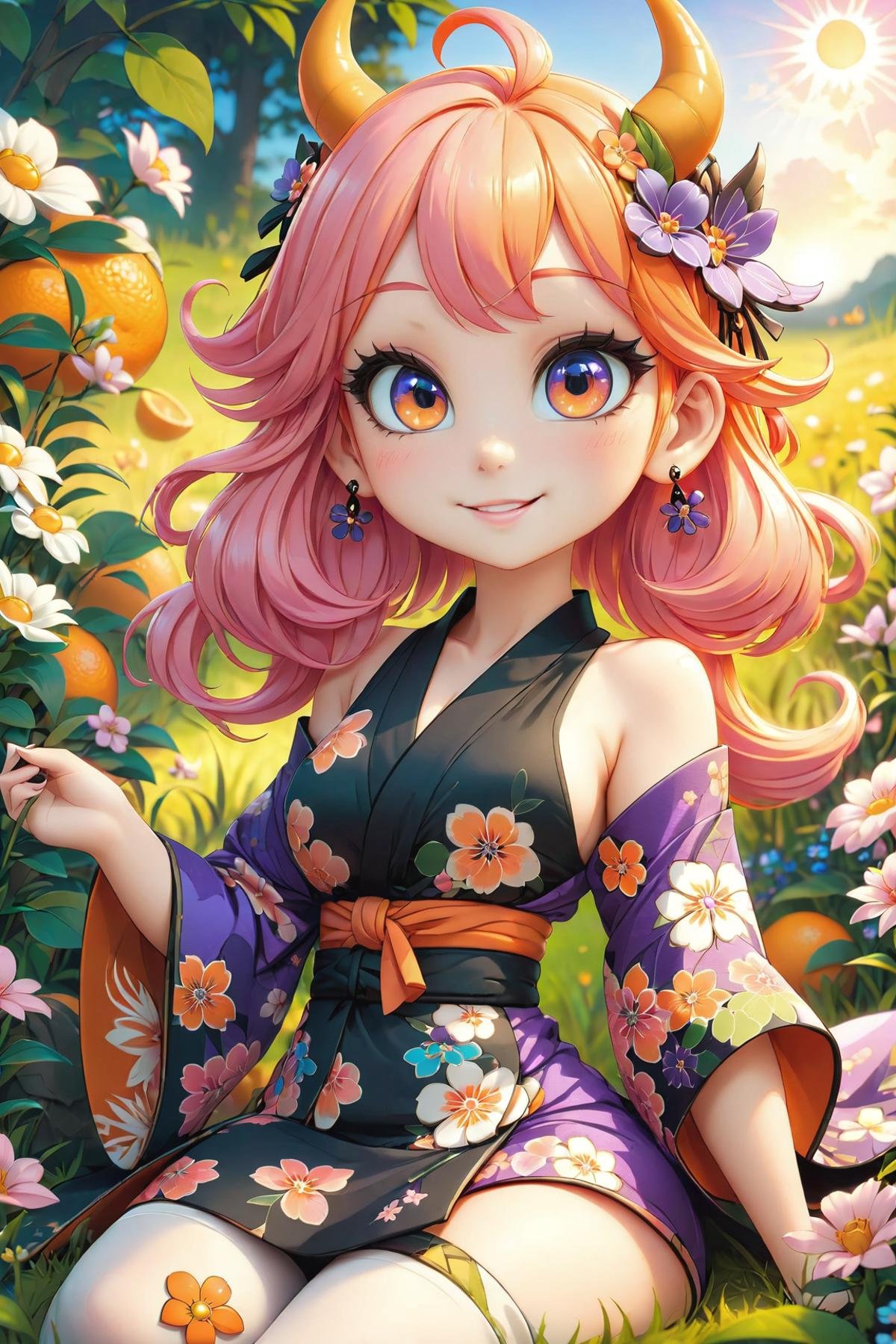 1 gorgeous looking girl with shoulder lenght pink hair, (pink hair), perfect beautiful body, (small breasts),  (violet eyes), short and thin pink oni horns, makeup, (((orange eyeshadow))), thighhighs, beautiful detailed open kimono with floral pattern, shy smile, beautiful detailed earrings and necklace, black high heels, (sitting on a summer meadow with lots of flowers at sunrise), wariza, full body view,(masterpiece, best quality, ultra-detailed, best shadow), detailed background, (beautiful detailed face), high contrast, (best illumination, an extremely delicate and beautiful), ((cinematic light)), colorful, hyper detail, dramatic light, intricate details, vibrant colors,