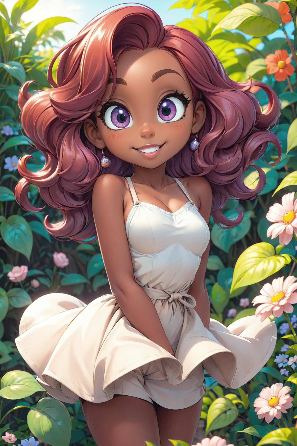 1 cute dark-skinned girl, 23yo, purple eyes, big round eyes, perfect beautiful detailed eyes, sexy female body, dark brown skin, small breasts, round breasts, extreme long copper-red hair, voluminous hair, her hair blows in the wind, she wears a white Marilyn Monroe dress, stands in the typical Marilyn Monroe pose in a summer garden, her dress blows in the wind, happy smile, (masterpiece:1.2), (best quality:1.2), newest, ai-generated, ultra-detailed, best shadow, detailed background, high contrast, (best illumination, an extremely delicate and beautiful), ((cinematic light)), hyper detail, dramatic light, intricate details, 8k, anime,