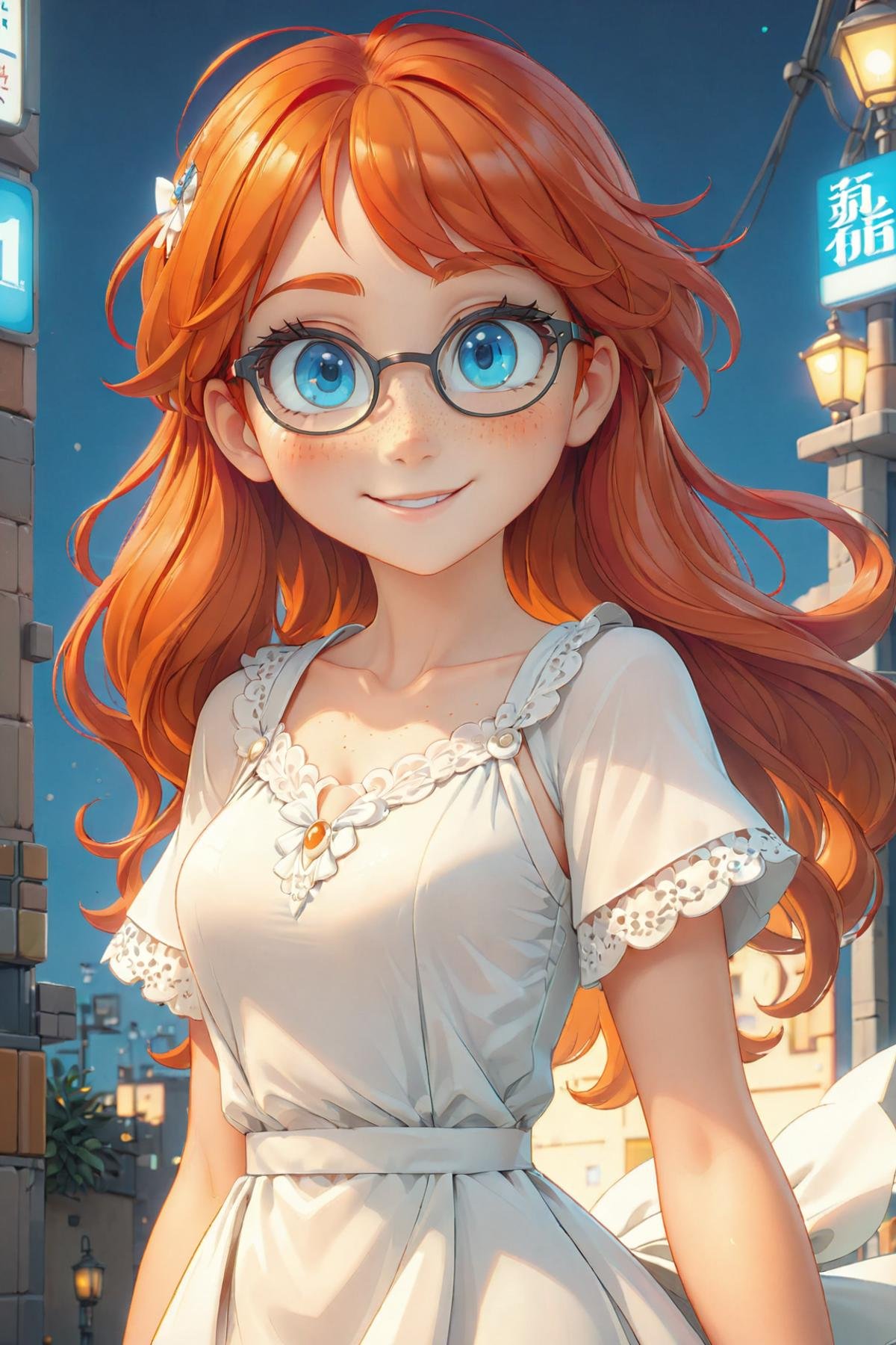 a young woman with red hair, small narrow glasses, wearing a white dress, freckles, looking at viewer, blue eyes, orange-red hair, parted lips, upper body, smile,(masterpiece:1.2), (best quality:1.2), newest, ai-generated, ultra-detailed, best shadow, detailed background, high contrast, (best illumination, an extremely delicate and beautiful), ((cinematic light)), hyper detail, dramatic light, intricate details, 8k, anime, very aesthetic,