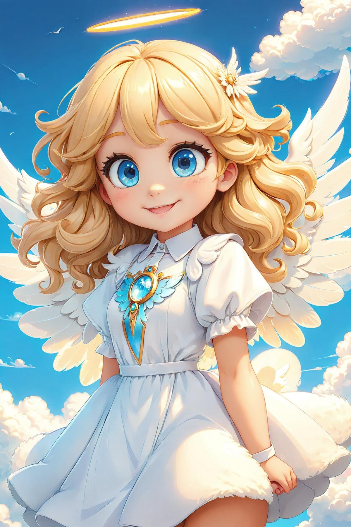 angel girl, 28yo, cute eyes, big round blue eyes, cute big smile, ((long curly blonde hair)), white angel dress, angel feather wings, angel halo over head, on top of white fluffy clouds, blue sky, (masterpiece:1.2), (best quality:1.2), newest, ai-generated, ultra-detailed, best shadow, detailed background, high contrast, (best illumination, an extremely delicate and beautiful), ((cinematic light)), hyper detail, dramatic light, intricate details, 8k, anime, very aesthetic, vibrant color,