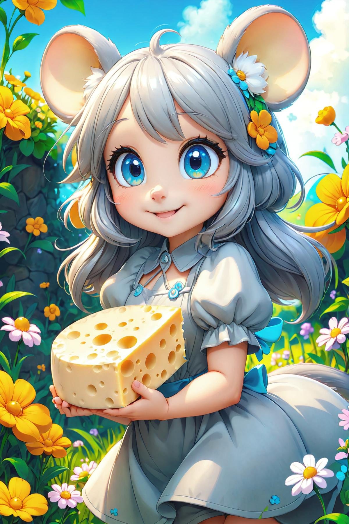 a extreme cute mouse girl in a flower meadow, gray fur, mouse snout, (extreme cute young looking face), small gray mouse ears, short body, mouse tail, solo, blue eyes, ((long gray hair)), ((small breasts)), petite body, smile, looking at viewer, upper body view, beautiful detailed dress, ((holds 1 large square piece of cheese in both hands)),furry girl, (masterpiece:1.2), (best quality:1.2), newest, ai-generated, ultra-detailed, best shadow, detailed background, high contrast, (best illumination, an extremely delicate and beautiful), ((cinematic light)), hyper detail, dramatic light, intricate details, 8k, anime, very aesthetic,