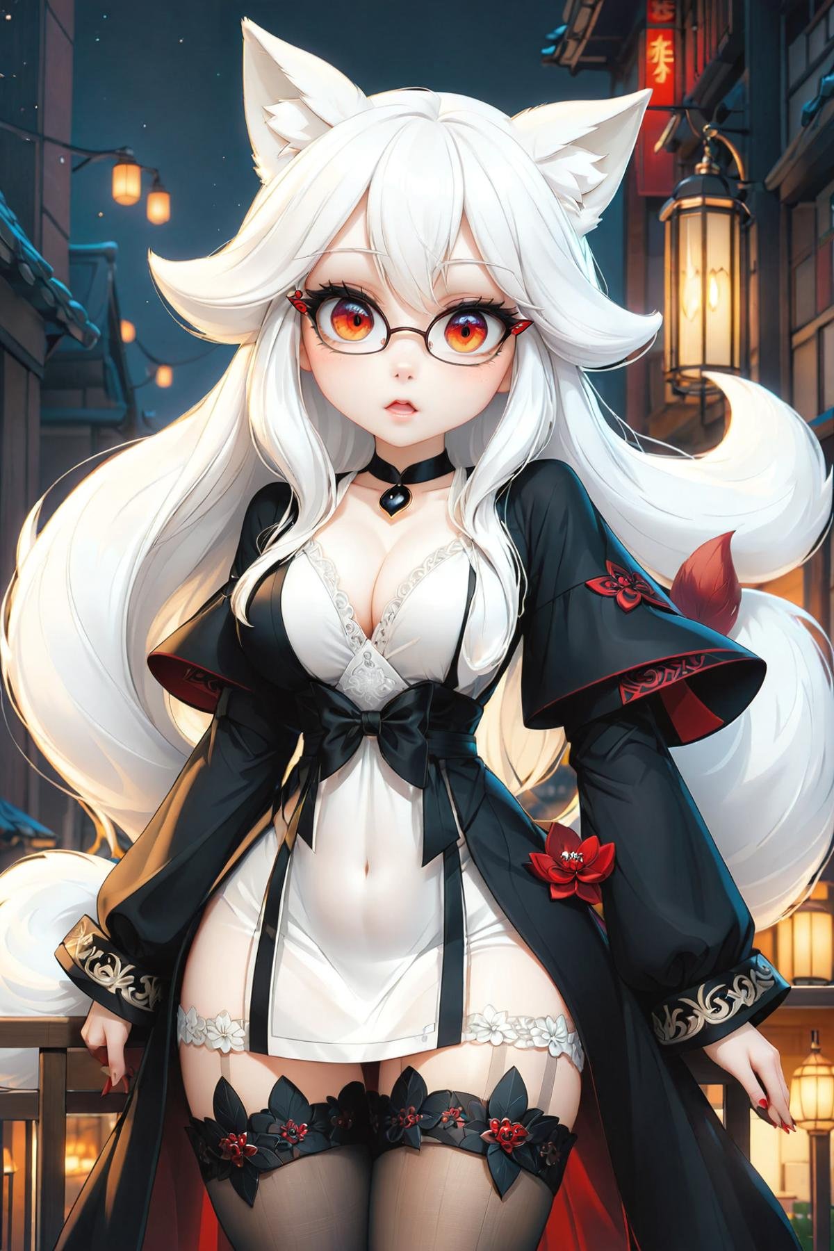 a very cute beautiful albino girl in a beautiful detailed black evening robe, v neck gown, cleavage, gorgeous looking girl, ((small breats)), long white hair, straight hair, bangs, ((red eyes)), glasses, beautiful detailed face and eyes, makeup, ((black smoky eyeshadow)):1.5, (small white fox ears), (white fox tail), beautiful detailed filigree black necklace, ((extreme pale skin)), ((extreme white skin)), ((full body view)), (black highheels boots, translucent stockings), realistic, (masterpiece, best quality, ultra-detailed, best shadow), detailed background, (beautiful detailed face), high contrast, (best illumination, an extremely delicate and beautiful), ((cinematic light)), hyper detail, dramatic light, intricate details, 8k, anime, very aesthetic,