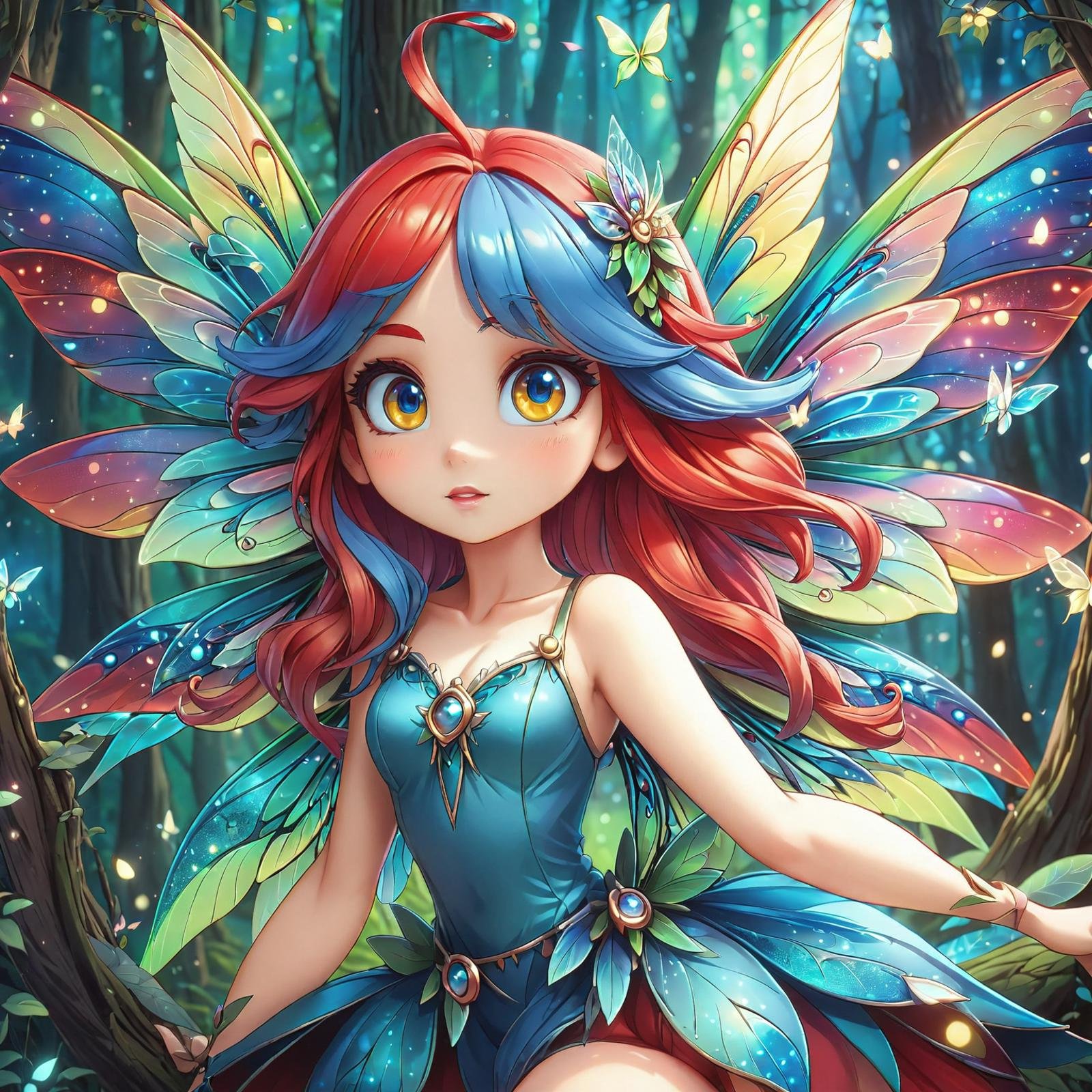 adult european women, 35yo, fairy tale, anime, beautiful detailed face and eyes, stands in a wood, full body, fairy wings, shiny red-blue hair, red high heels,(masterpiece, best quality, ultra-detailed, best shadow), detailed background, (beautiful detailed face), high contrast, (best illumination, an extremely delicate and beautiful), ((cinematic light)), colorful, hyper detail, dramatic light, intricate details, ((vibrant colors)), 8k,  <lora:DonMF41ryW1ng5XL:1>