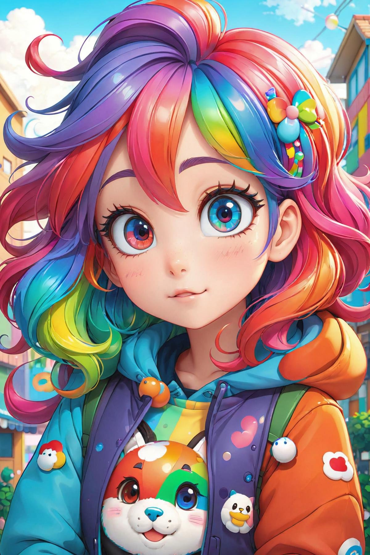 a woman with colorful hair and a rainbow colored hair,  unusually unique beauty, beautifully designed character, the artist has used bright, hyper realistic color photo,(masterpiece:1.2), (best quality:1.2), newest, ai-generated, ultra-detailed, best shadow, detailed background, 8k, anime, very aesthetic, 