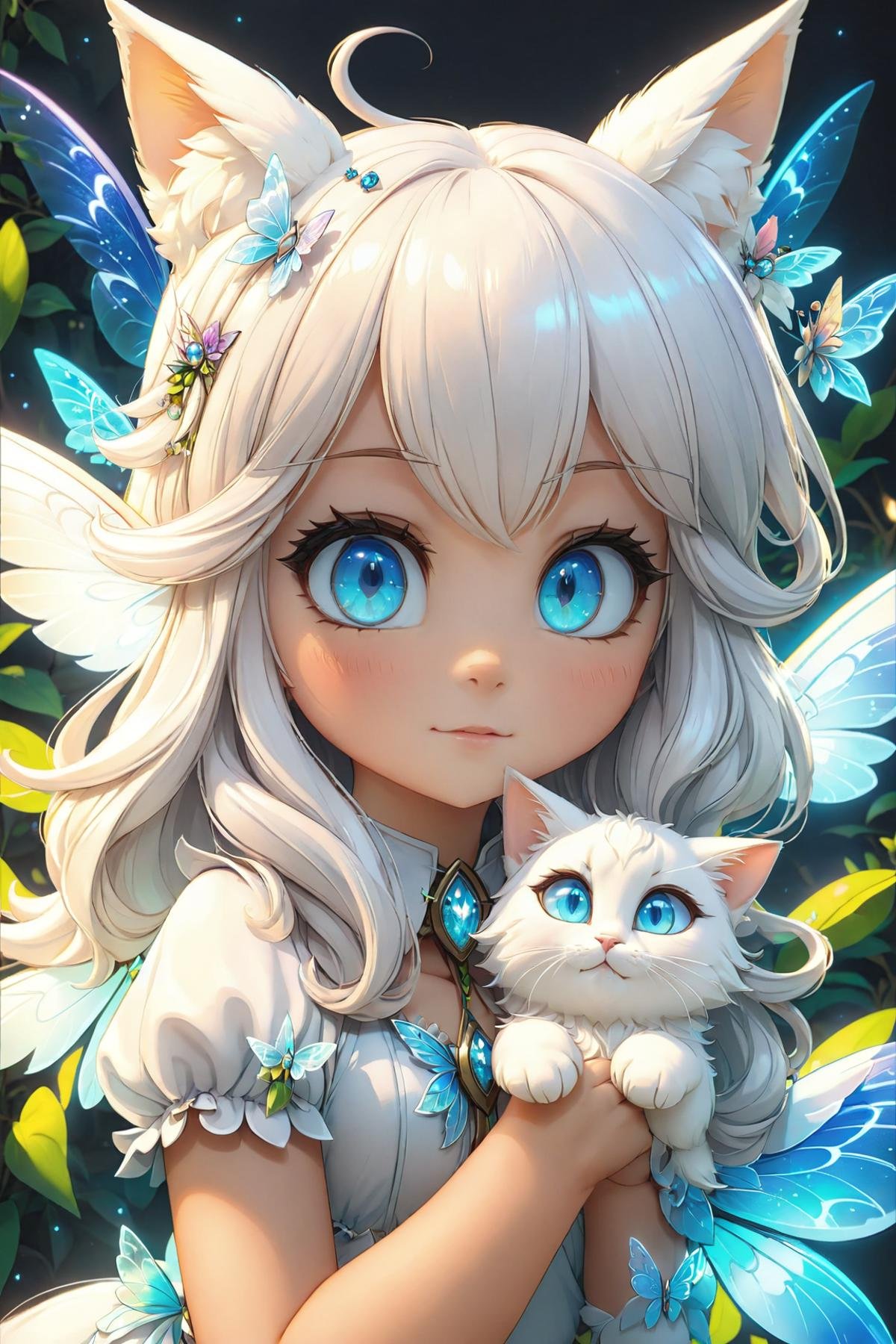 a young white girl in a fairy outfit with white cat ears and wings, 1girl, solo, long hair, blue eyes, wings, looking at viewer, animal ears, upper body, hair ornament, white hair, closed mouth, looking at viewer, (masterpiece, best quality, ultra-detailed, best shadow), detailed background, (beautiful detailed face), high contrast, (best illumination, an extremely delicate and beautiful), ((cinematic light)), hyper detail, dramatic light, intricate details, 8k, anime, very aesthetic,