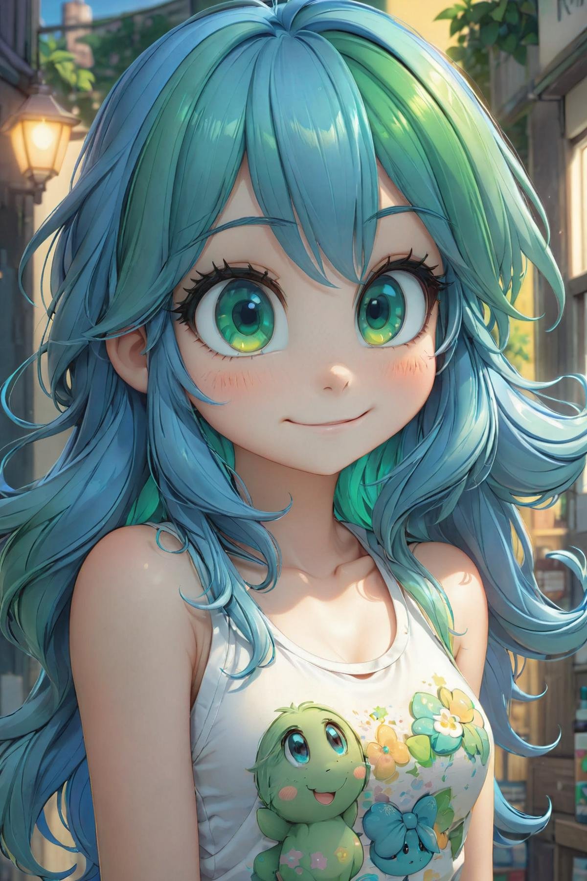 a beautiful blue haired girl, long messy hair, beautiful detailed deep green eyes,  shy smile, small breasts, white tank top, upper body view, ultra realistic, colorful, (masterpiece:1.2), (best quality:1.2), ultra-detailed, best shadow, detailed background, high contrast, (best illumination, an extremely delicate and beautiful), ((cinematic light)), hyper detail, dramatic light, intricate details, 8k,  very aesthetic,