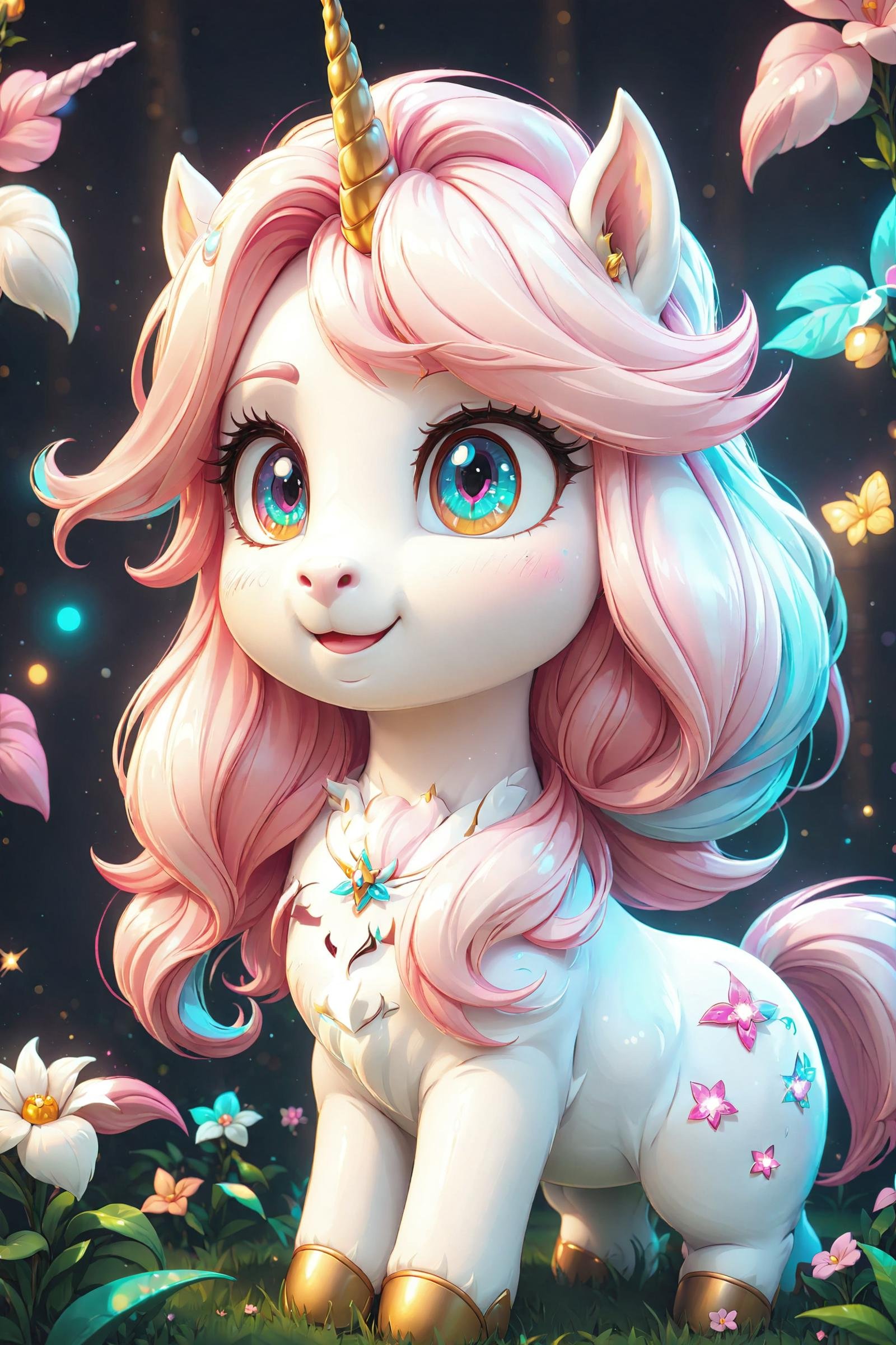 A cute white unicorn with a pink mane,(masterpiece, best quality, ultra-detailed, best shadow), detailed background, (beautiful detailed face), high contrast, (best illumination, an extremely delicate and beautiful), ((cinematic light)), hyper detail, dramatic light, intricate details, 8k, anime, very aesthetic,