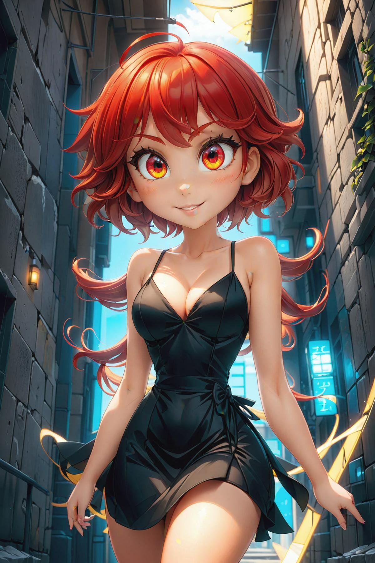 1 beautiful european girl, (beautiful detailed red eyes), perfect eyes, short red hair, cool pose, sensual smile, concrete wall, slim body, small breasts, beautiful detailed black dress, silk spaghetti strap dress with deep V neckline, cleavage, rays of sunshine, photorealisim, cinematic, (masterpiece:1.2), (best quality:1.2), newest, ai-generated, ultra-detailed, best shadow, detailed background, high contrast, (best illumination, an extremely delicate and beautiful), ((cinematic light)), hyper detail, dramatic light, intricate details, 8k, anime, very aesthetic, vibrant color,