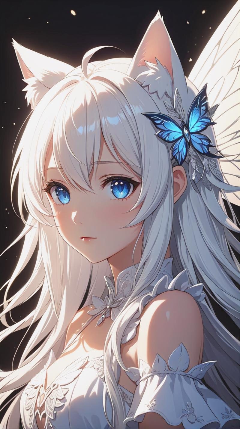 a young white girl in a fairy outfit with white cat ears and wings, 1girl, solo, long hair, blue eyes, wings, looking at viewer, animal ears, upper body, hair ornament, white hair, closed mouth,  looking at viewer,(masterpiece, best quality, ultra-detailed, best shadow), detailed background, (beautiful detailed face), high contrast, (best illumination, an extremely delicate and beautiful), ((cinematic light)), hyper detail, dramatic light, intricate details, 8k, anime, very aesthetic,