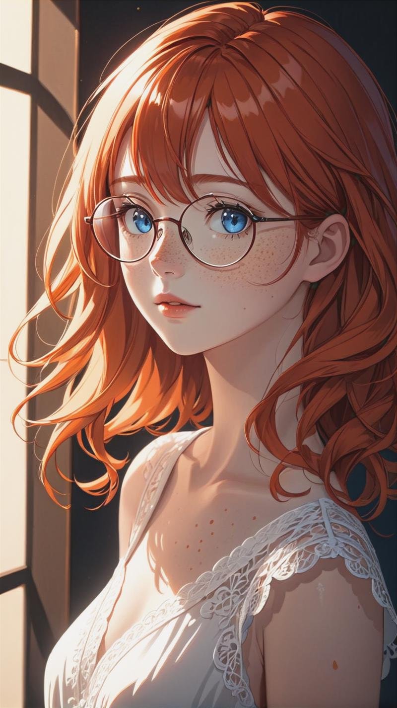 a young woman with red hair, small narrow glasses, wearing a white dress, freckles, looking at viewer, blue eyes, orange-red hair, parted lips, upper body(masterpiece:1.2), (best quality:1.2), newest, ai-generated, ultra-detailed, best shadow, detailed background, high contrast, (best illumination, an extremely delicate and beautiful), ((cinematic light)), hyper detail, dramatic light, intricate details, 8k, anime, very aesthetic,