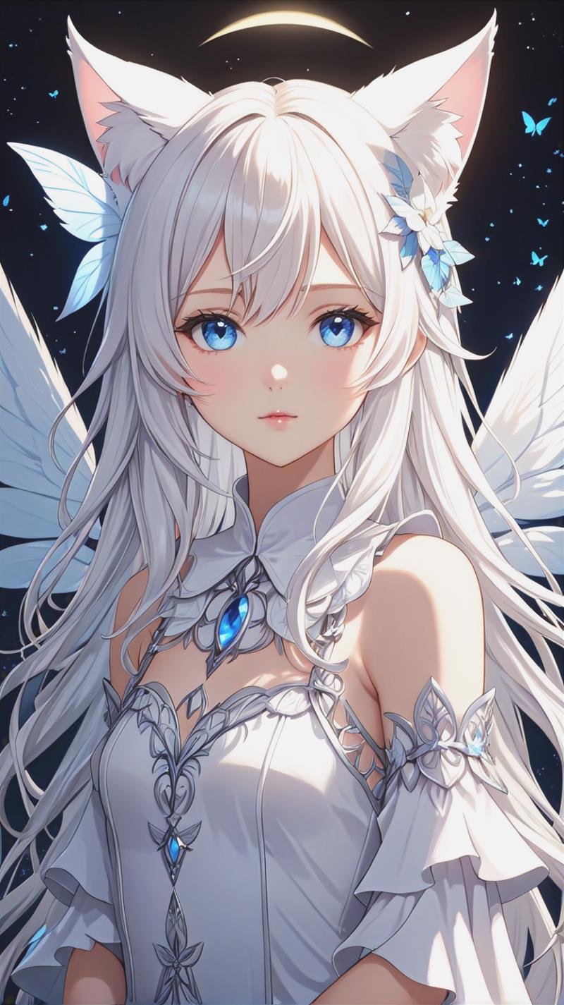 a young white girl in a fairy outfit with white cat ears and wings, 1girl, solo, long hair, blue eyes, wings, looking at viewer, animal ears, upper body, hair ornament, white hair, closed mouth,  looking at viewer, from the front,(masterpiece, best quality, ultra-detailed, best shadow), detailed background, (beautiful detailed face), high contrast, (best illumination, an extremely delicate and beautiful), ((cinematic light)), hyper detail, dramatic light, intricate details, 8k, anime, very aesthetic,