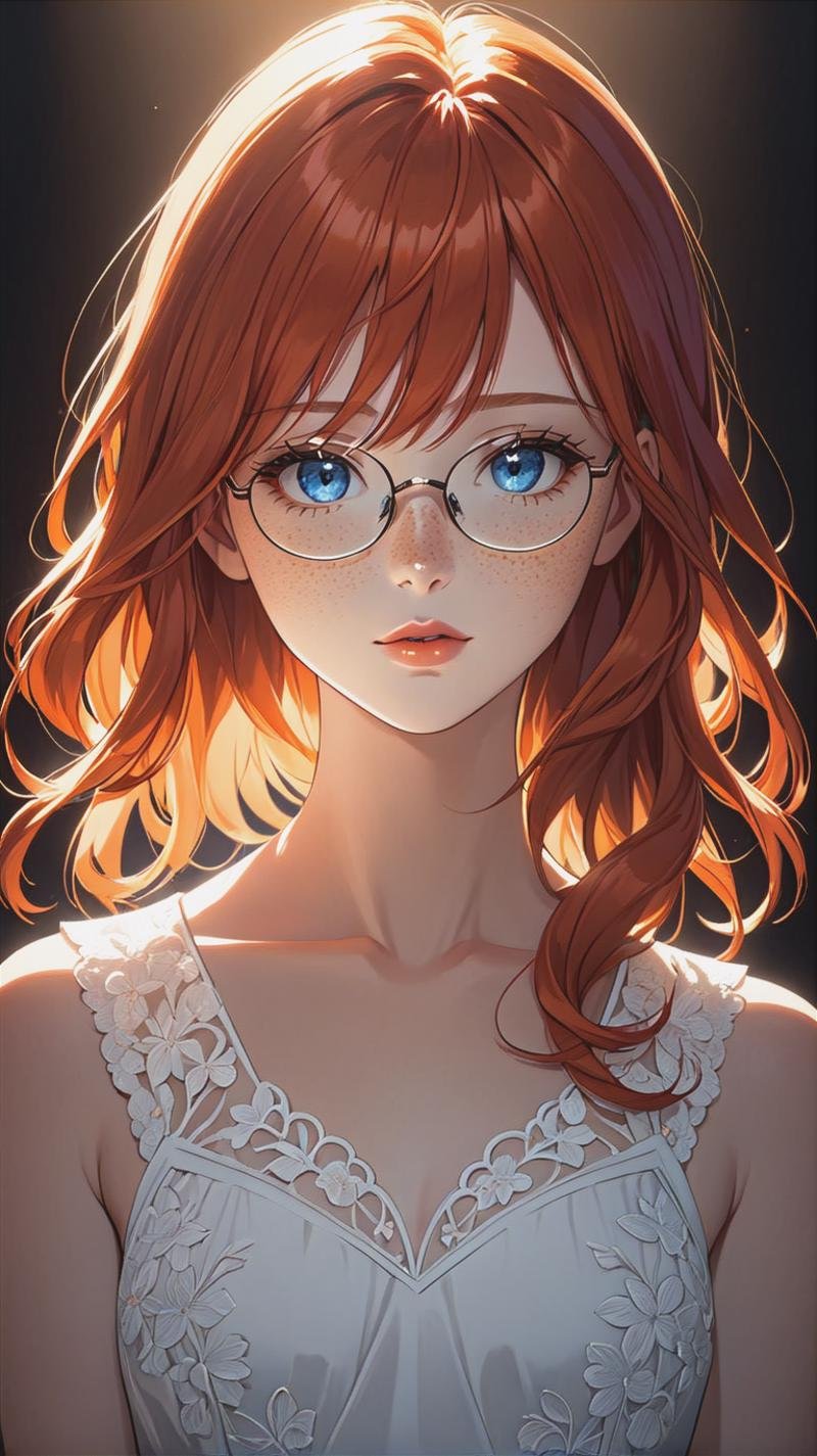 a young woman with red hair, small narrow glasses, wearing a white dress, freckles, looking at viewer, blue eyes, orange-red hair, parted lips, upper body(masterpiece:1.2), (best quality:1.2), newest, ai-generated, ultra-detailed, best shadow, detailed background, high contrast, (best illumination, an extremely delicate and beautiful), ((cinematic light)), hyper detail, dramatic light, intricate details, 8k, anime, very aesthetic,