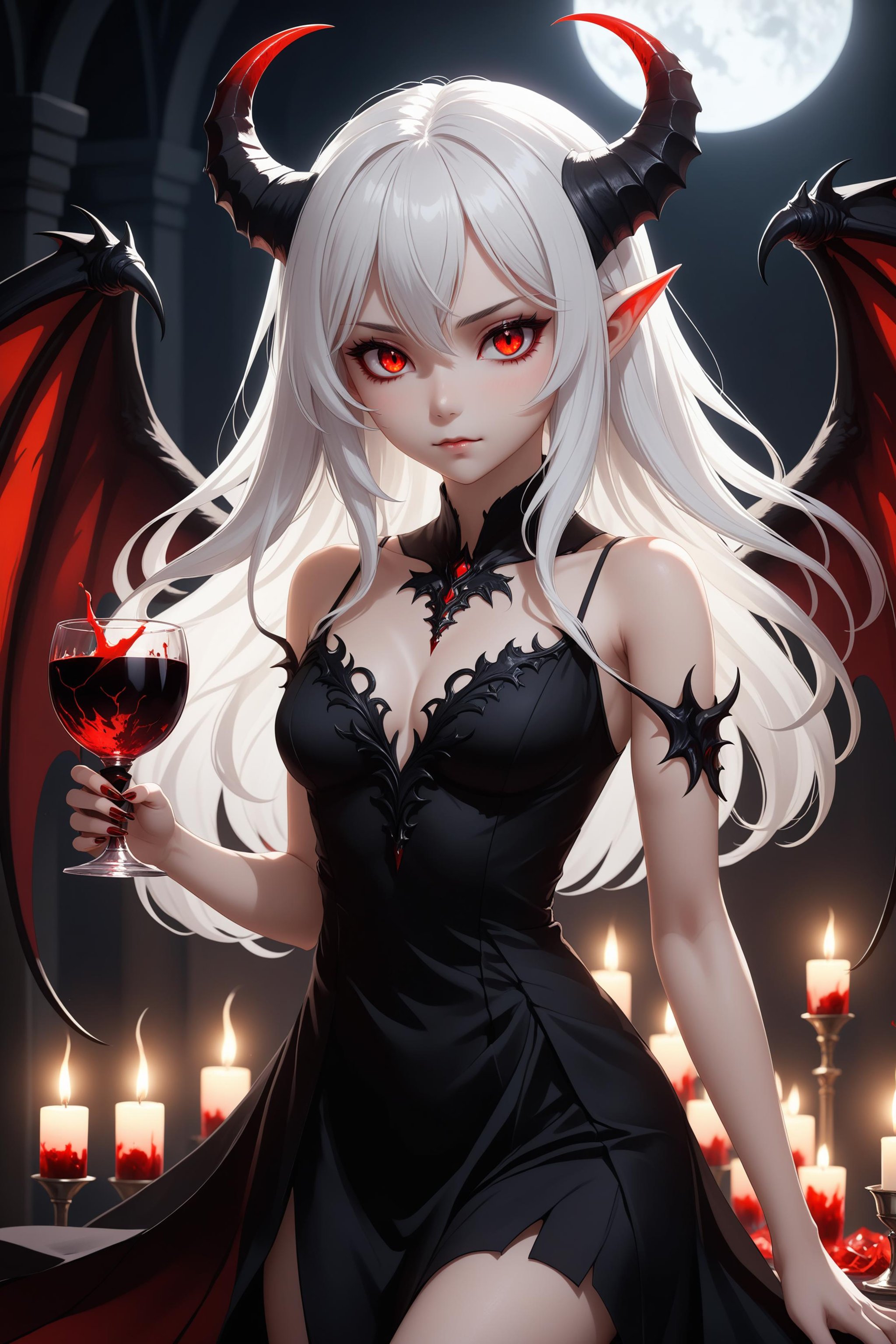 1 beautiful demon girl, long white hair, (short and small black demon horn), glowing red eyes, small pointed ears, (black-blood-red wings), ((claw hands)):1.5, black dress, beautiful face and eyes, slim body, medium small breasts, cleavage, holds a goblet full of blood in her claw, (masterpiece, best quality, ultra-detailed, best shadow), detailed background, high contrast, (best illumination, an extremely delicate and beautiful), ((cinematic light)),  intricate details, 8k, anime, very aesthetic,