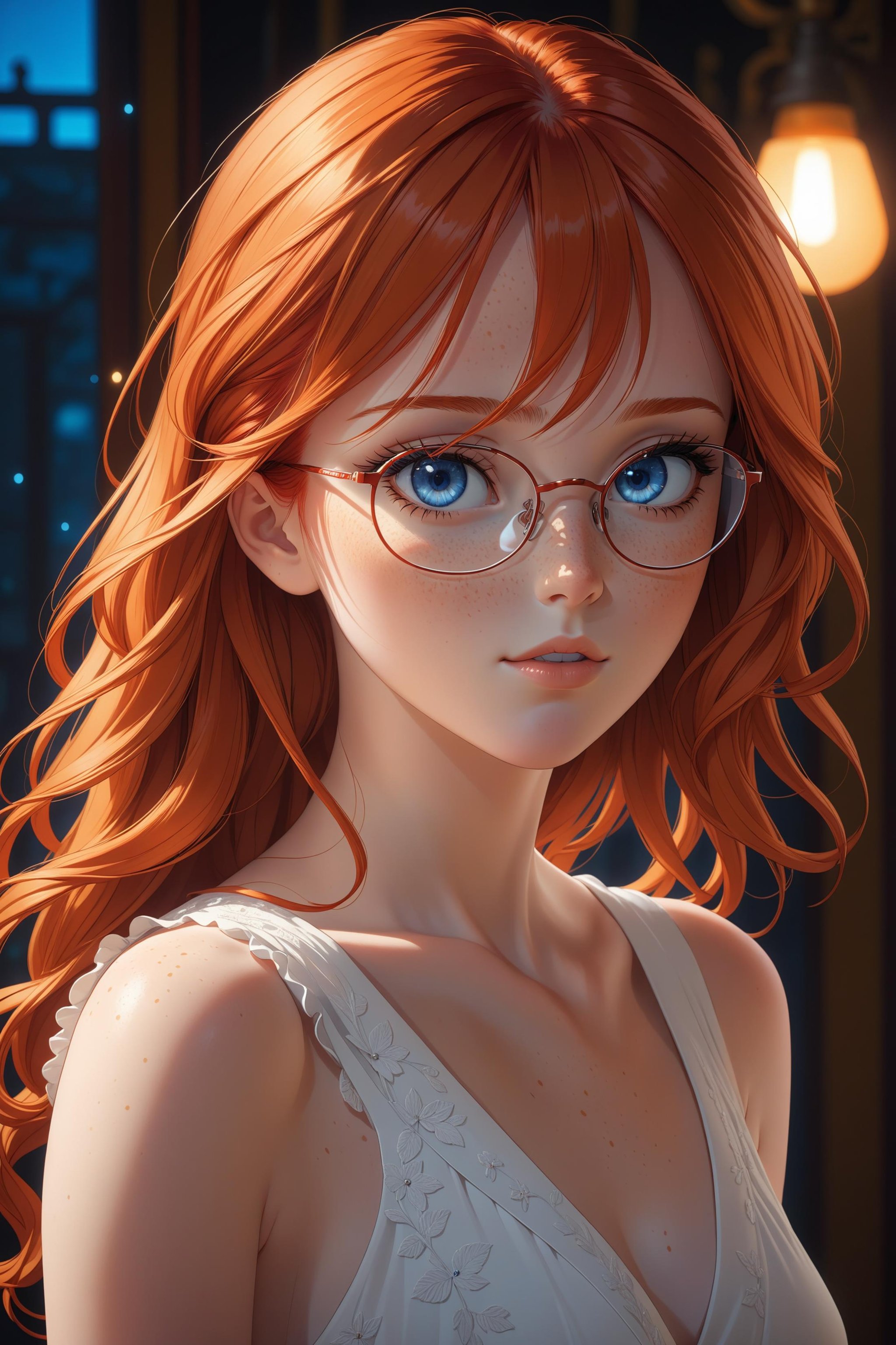 a young woman with red hair, small narrow glasses, wearing a white dress, freckles, looking at viewer, blue eyes, orange-red hair, parted lips, upper body (masterpiece:1.2), (best quality:1.2), ultra-detailed, best shadow, detailed background, high contrast, (best illumination, an extremely delicate and beautiful), ((cinematic light)), intricate details, 8k, anime, very aesthetic,