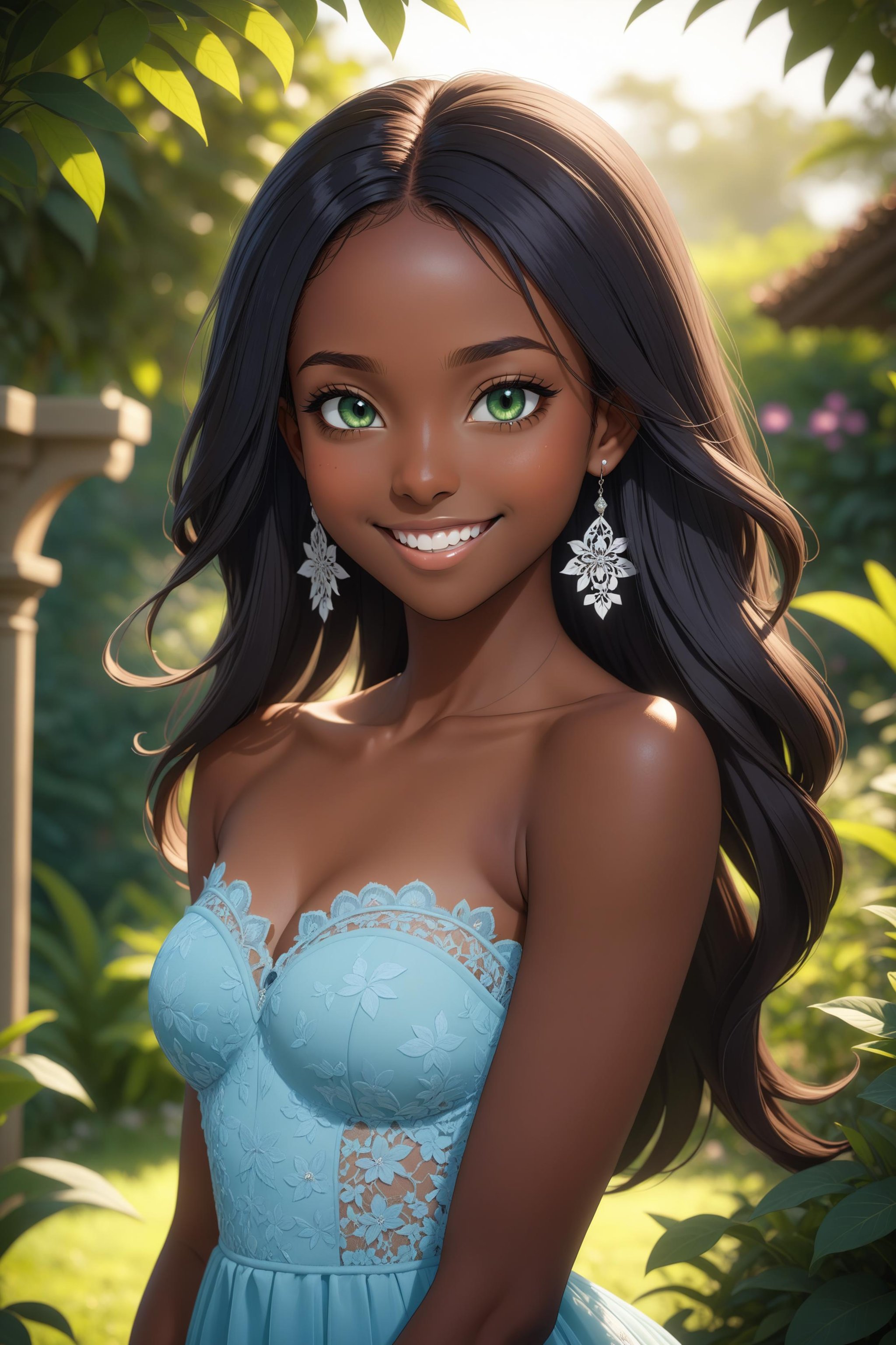 1 beautiful dark skinned girl, (dark skin):1.3, ebony, beautiful detailed dark green eyes, beautiful detailed face, long straight hair, smile, teeth, earrings, bokeh, innocent, slim body, small breasts, bare shoulders, light blue lace dress, strapless, upper body, portrait photo, face focus, in a african garden, blurred background,(masterpiece:1.2), (best quality:1.2), newest, ai-generated, ultra-detailed, best shadow, detailed background, high contrast, (best illumination, an extremely delicate and beautiful), ((cinematic light)), hyper detail, dramatic light, intricate details, 8k, anime,