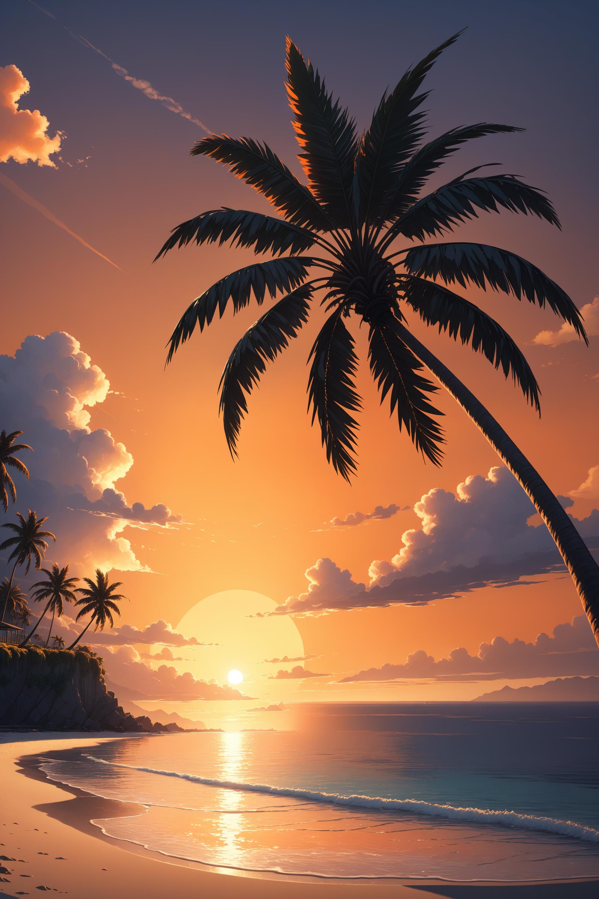 cliffbuilding, (sea bay), beach, palm tree, sunset, orange sky, cloud, (masterpiece),(ultra-detailed), 8k, (highly detailed CG illustration),(expressionless), (best quality:1.1), High quality texture, intricate details, detailed texture, High quality shadow, Cinematic Light, Depth of field, light source contrast, perspective,20s